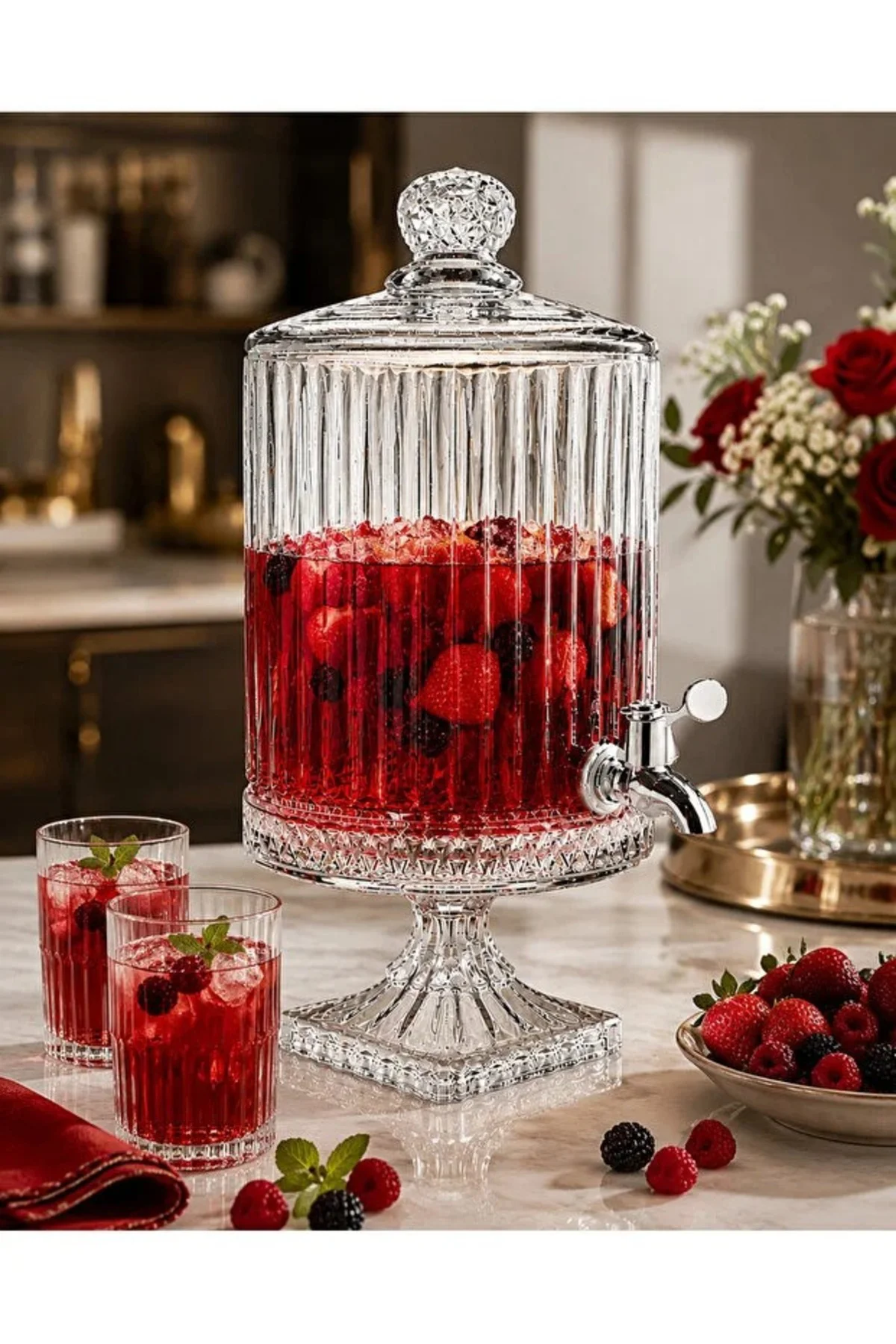 4,5 LT Kristal Desenli Lüx Cam Sebil – Musluklu Ayaklı Limonata & İçecek Dispenseri
