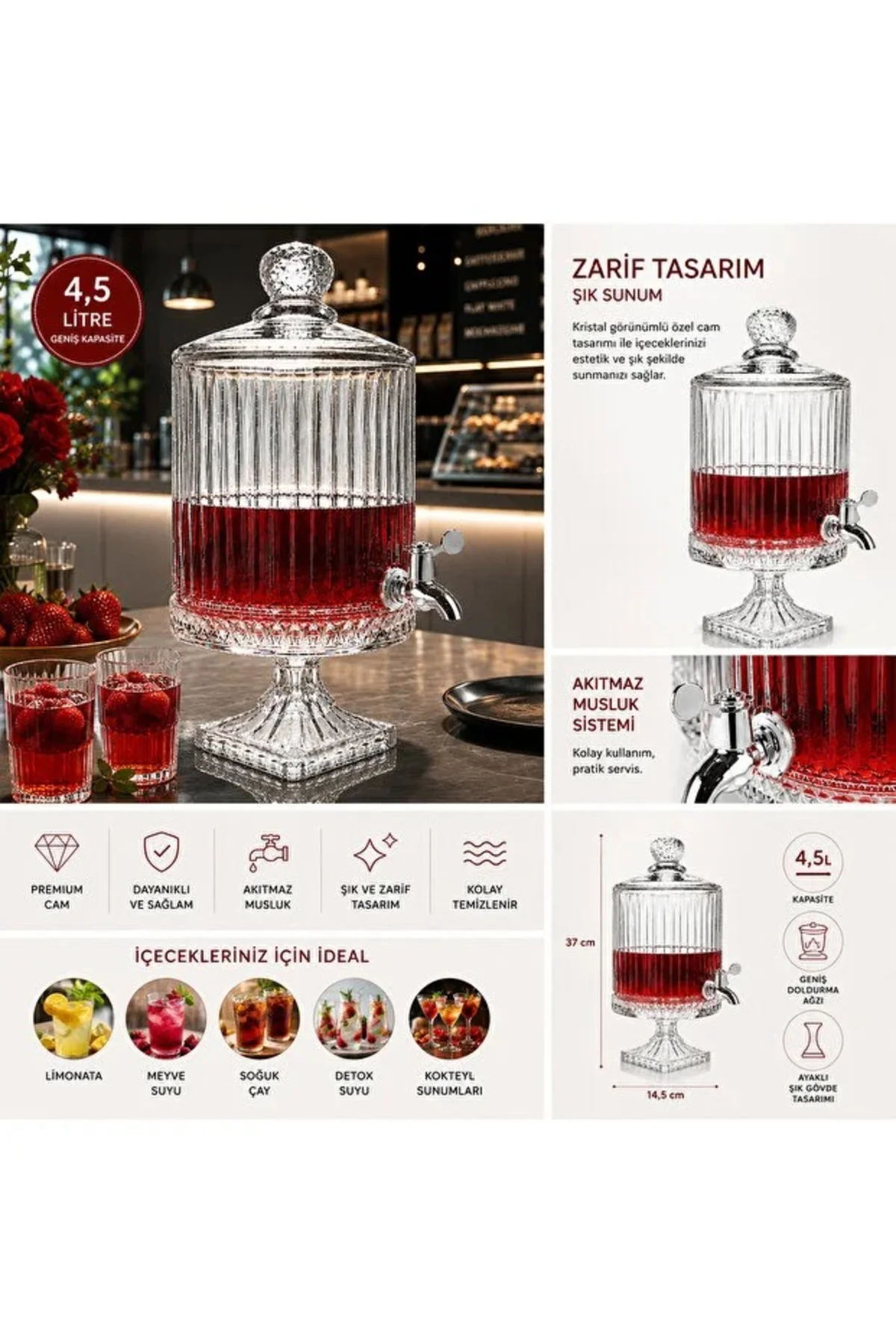 4,5 LT Kristal Desenli Lüx Cam Sebil – Musluklu Ayaklı Limonata & İçecek Dispenseri