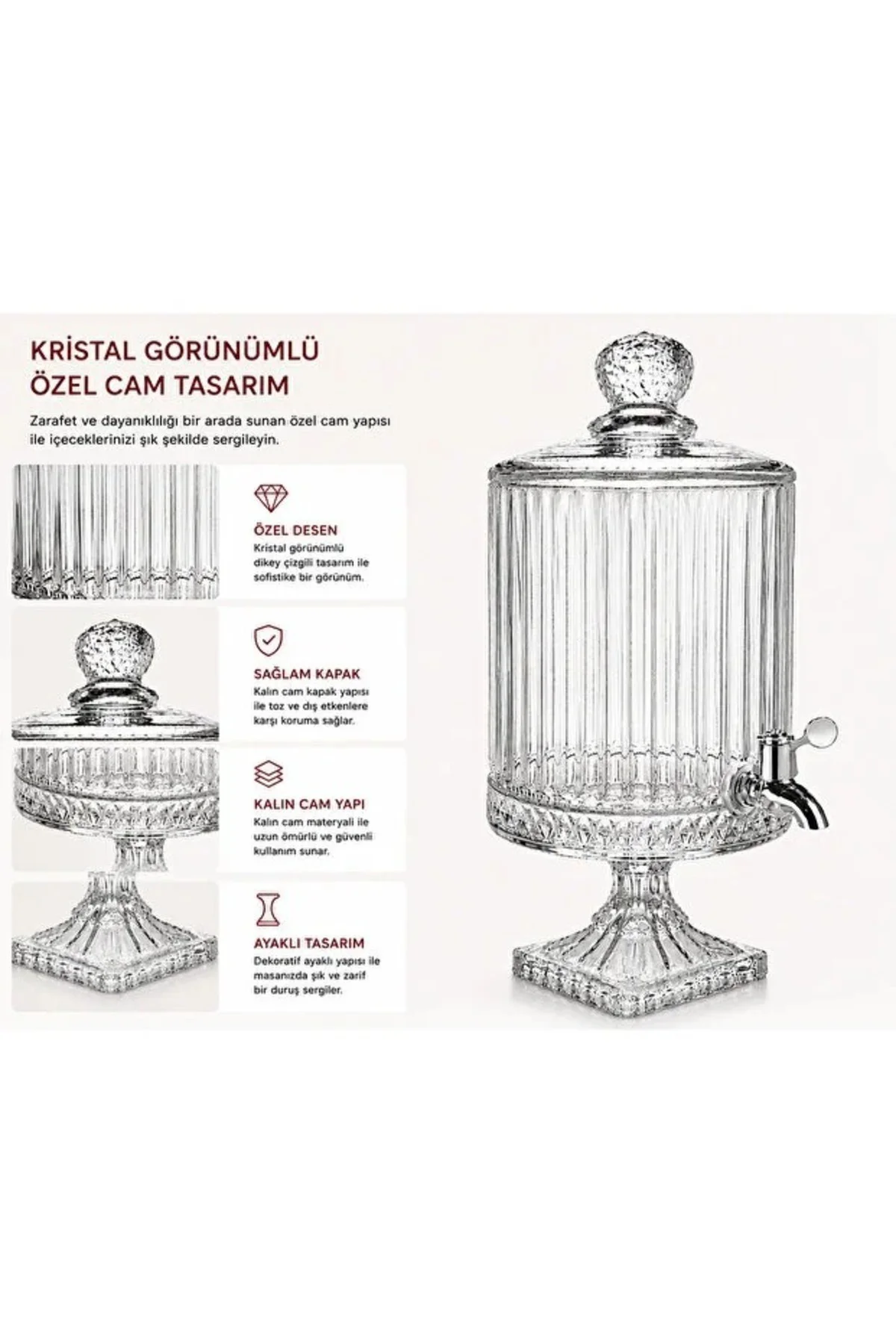 4,5 LT Kristal Desenli Lüx Cam Sebil – Musluklu Ayaklı Limonata & İçecek Dispenseri