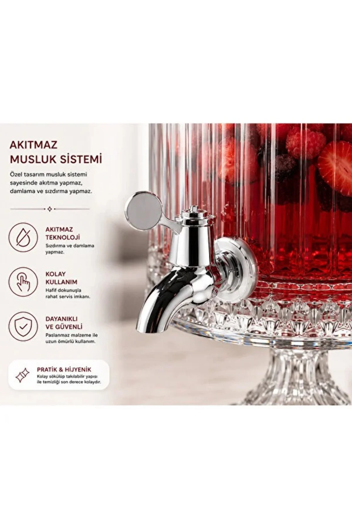 4,5 LT Kristal Desenli Lüx Cam Sebil – Musluklu Ayaklı Limonata & İçecek Dispenseri