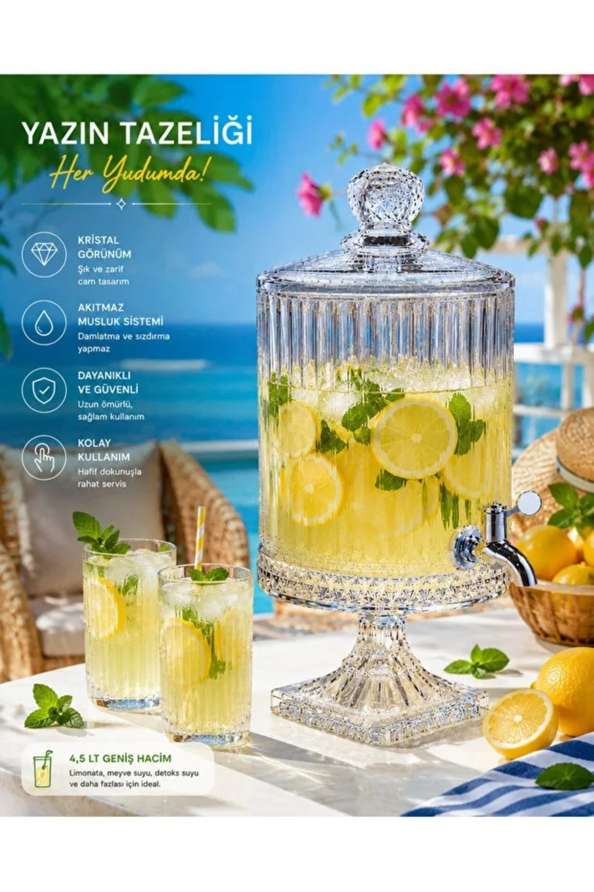 4,5 LT Kristal Desenli Lüx Cam Sebil – Musluklu Ayaklı Limonata & İçecek Dispenseri