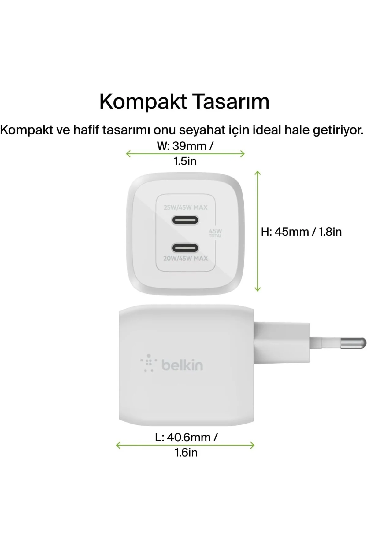 45 W USB-C şarj cihazı, 2 bağlantı noktalı, Power Delivery 3.0 ve GaN teknolojisi ile