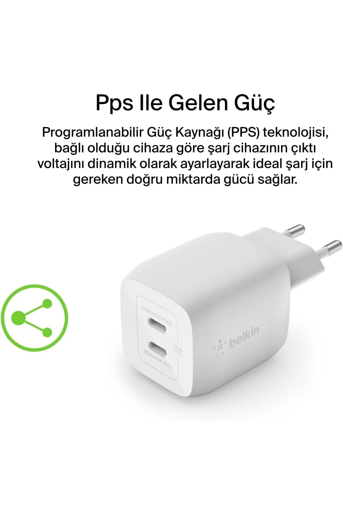 45 W USB-C şarj cihazı, 2 bağlantı noktalı, Power Delivery 3.0 ve GaN teknolojisi ile