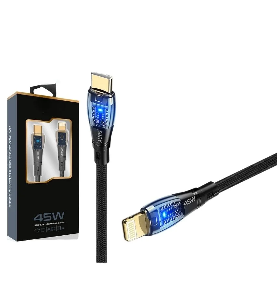 45W USB-C Lightning Işıklı Şeffaf Kablo Hızlı Şarj, Dayanıklı Tasarım, iPhone ve iPad Uyumlu