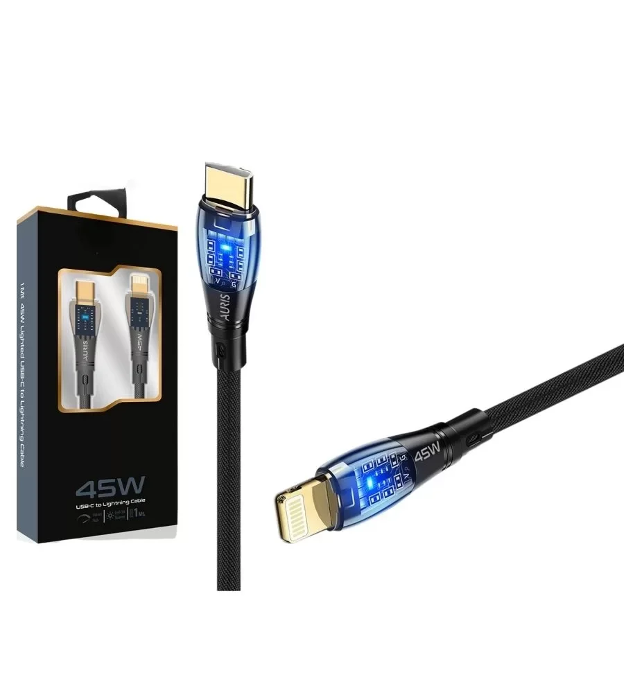 45W USB-C Lightning Işıklı Şeffaf Kablo Hızlı Şarj, Dayanıklı Tas