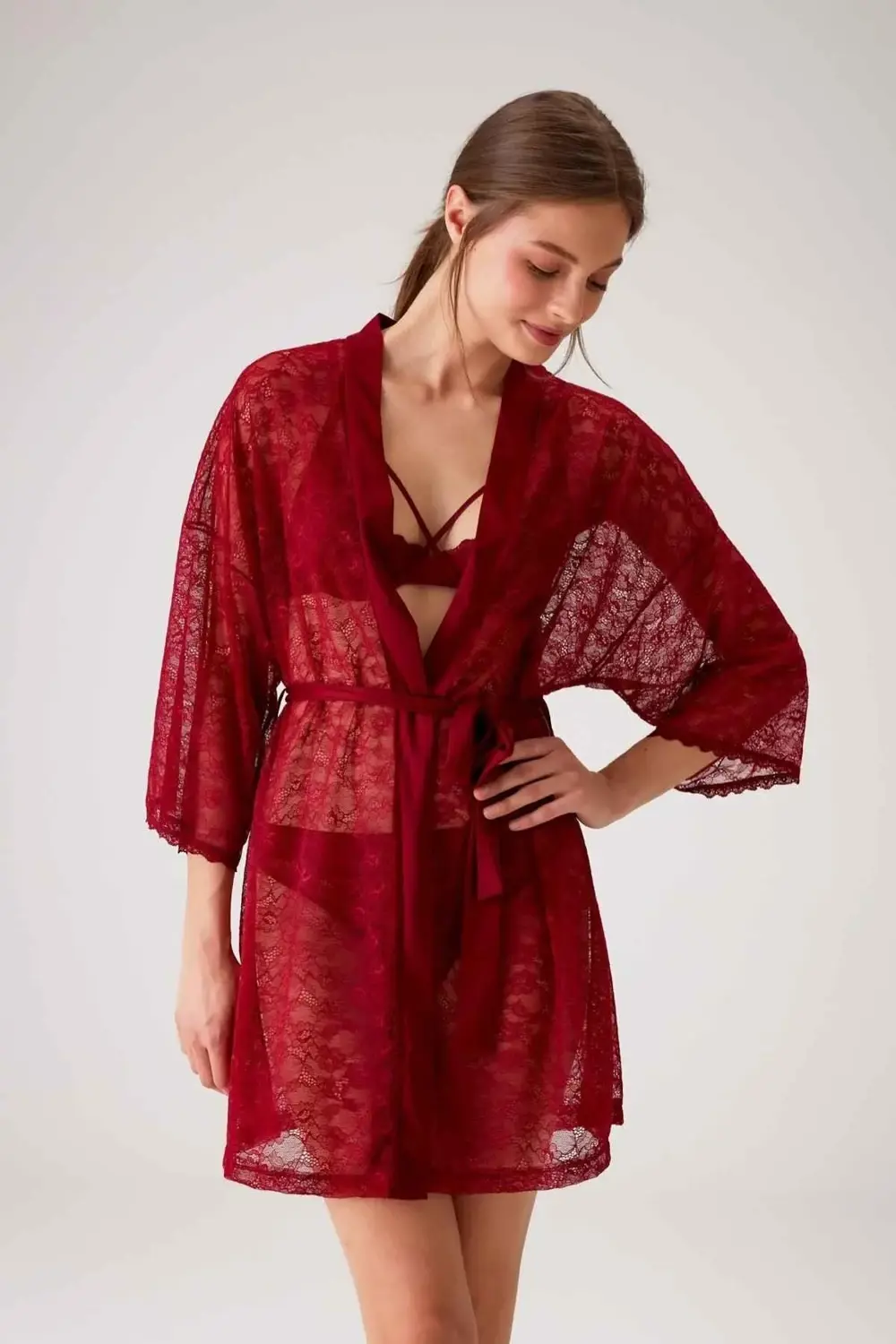 4663 Kadın Dantel Sabahlık-bordo