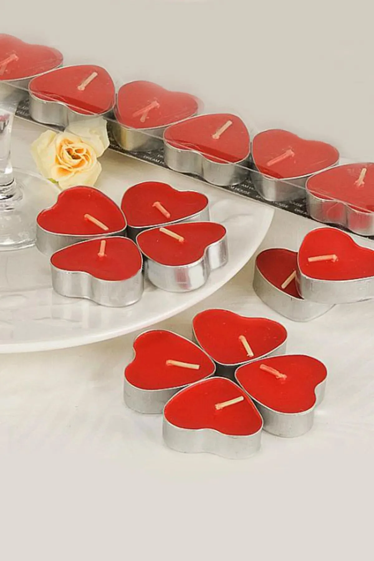 48 Adet Kırmızı Kalpli Kokulu Tealight Mum Sevgiliye Hediye Mum E