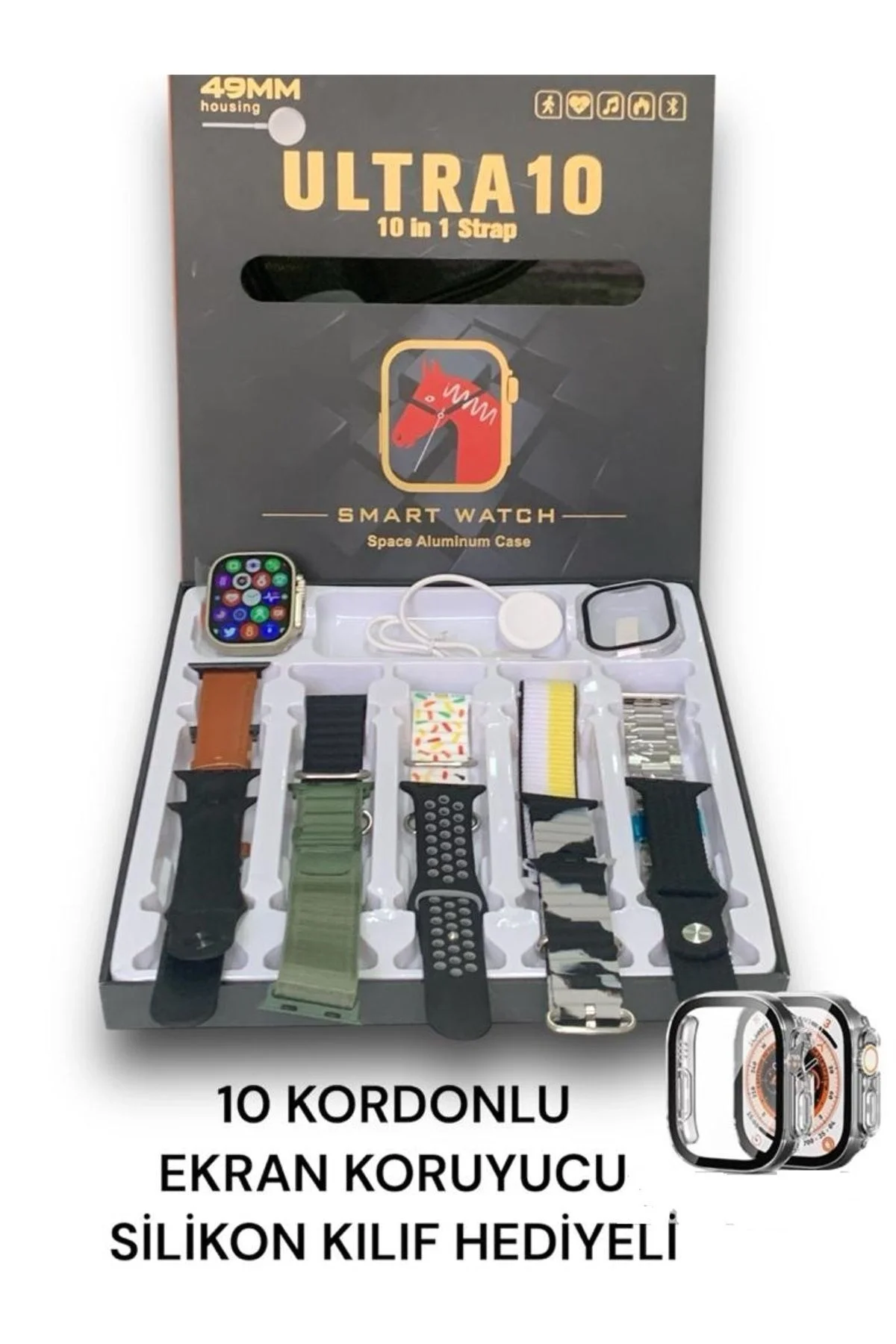 49 mm Ekranlı 10 Fonksiyonlu Akıllı Saat, Nabız ve Uyku Takibi Özellikli, Siyah Kordonlu