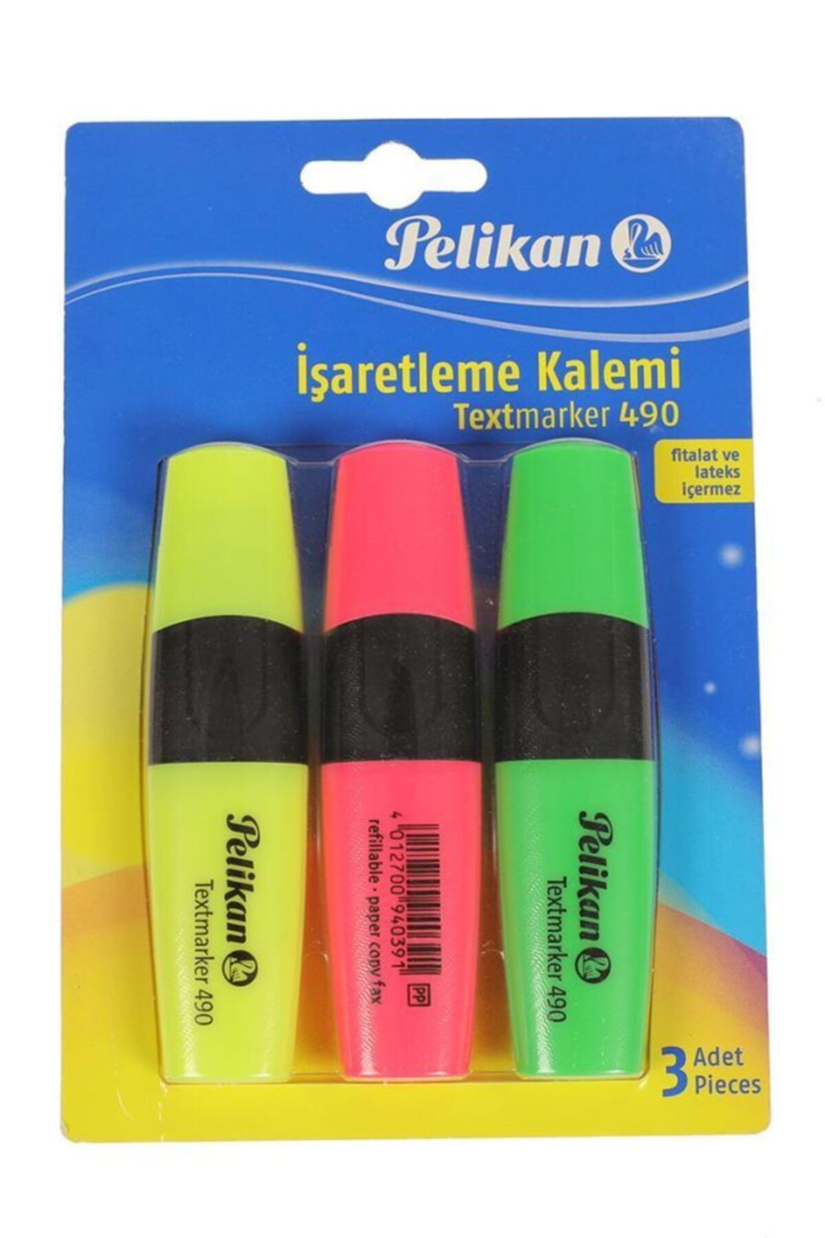 Pelikan 490 Fosforlu İşaretleme Kalemi 3 Renk Sarı-Pembe-Yeşil Pl940300ık