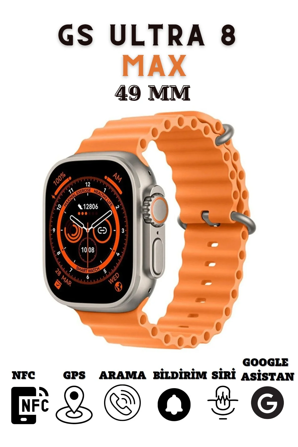 49mm Ekranlı, GPS ve Nabız Sensörlü, Suya Dayanıklı, Titanyum Kordonlu Akıllı Saat