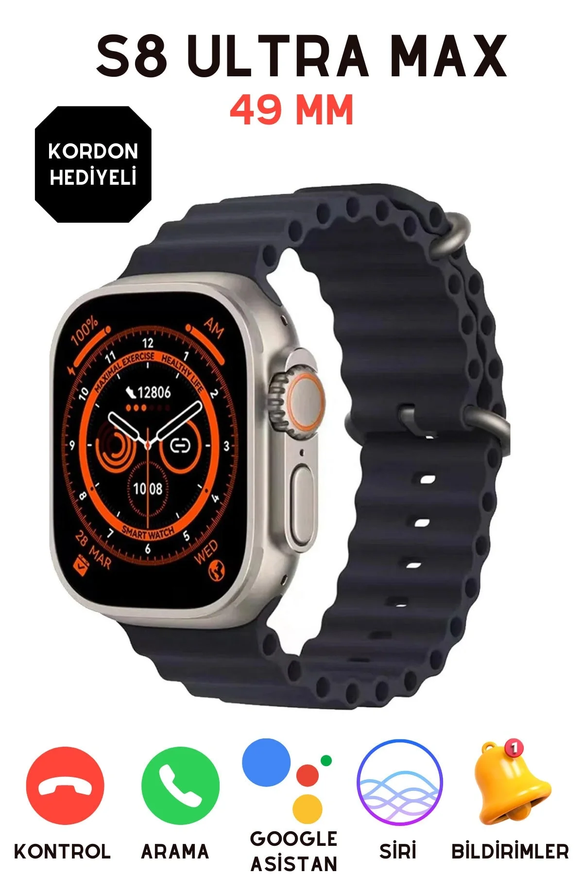 49mm Ekranlı, Nabız ve Uyku Takibi Yapabilen, Suya Dayanıklı Akıllı Saat - Siyah Silikon Kordon