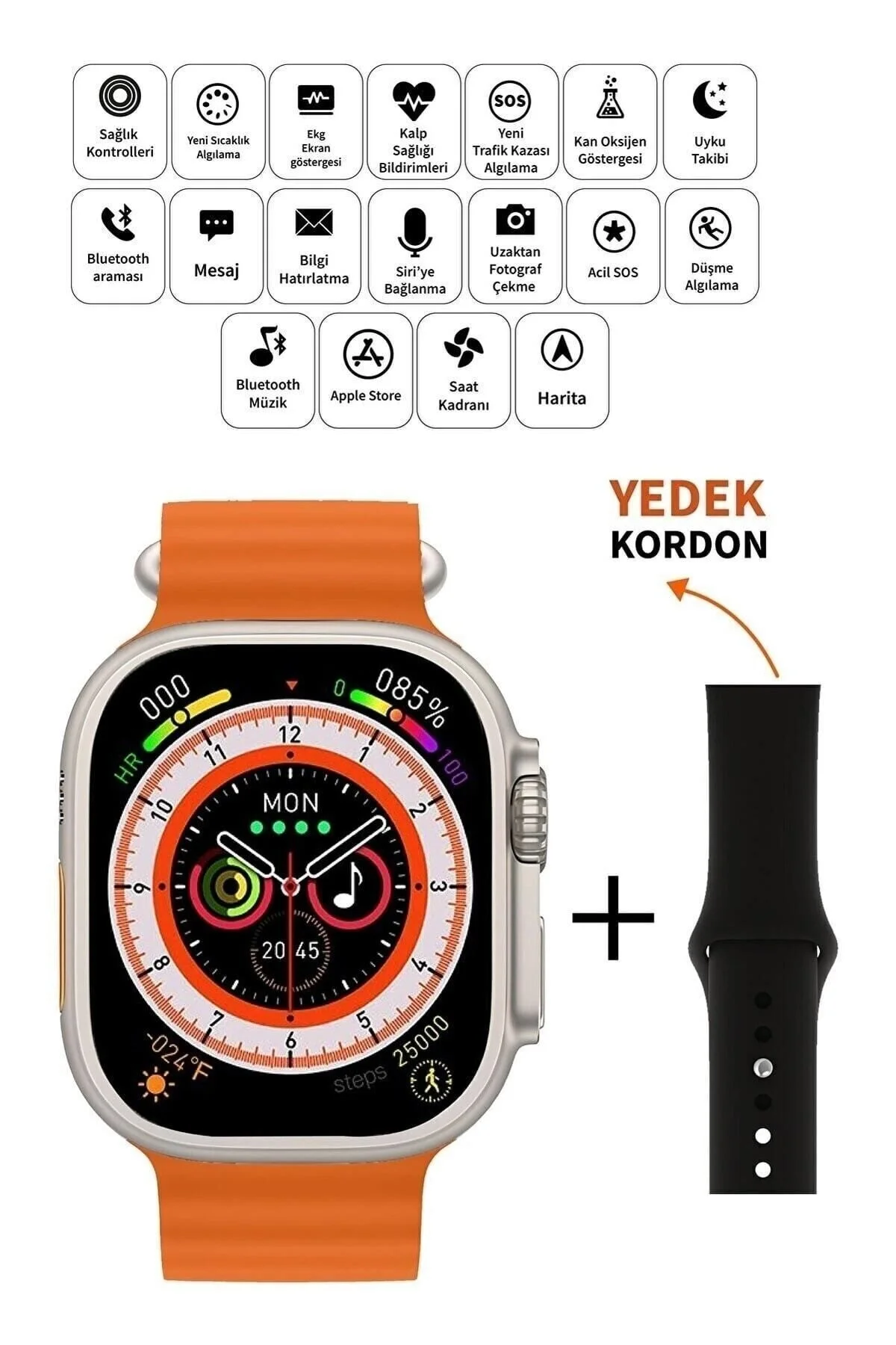 49mm Gümüş Kasa ve Turuncu Çelik Kordonlu Akıllı Saat - Nabız, GPS, Uyku Takibi Özellikli