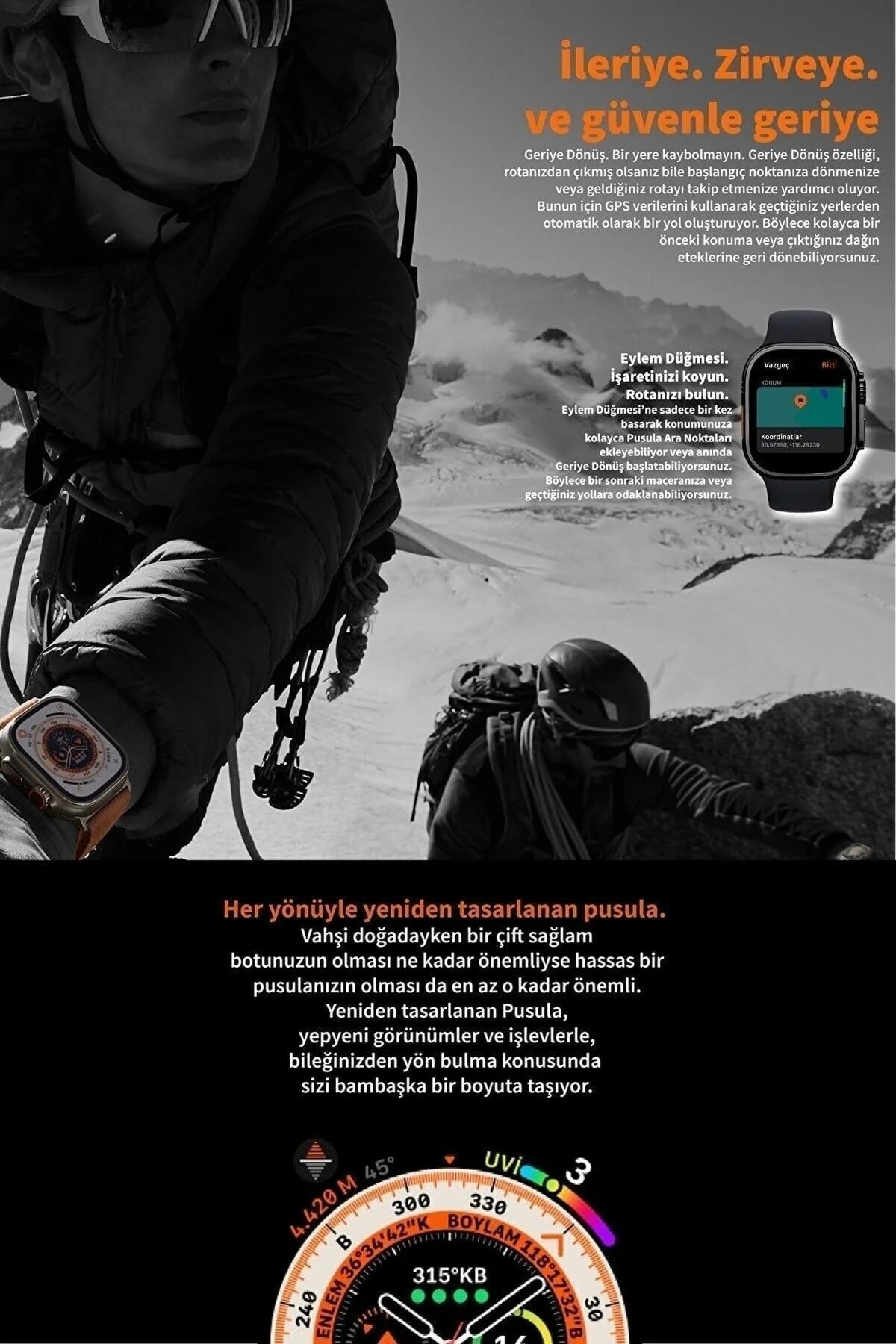 49mm Gümüş Kasa ve Turuncu Çelik Kordonlu Akıllı Saat - Nabız, GPS, Uyku Takibi Özellikli