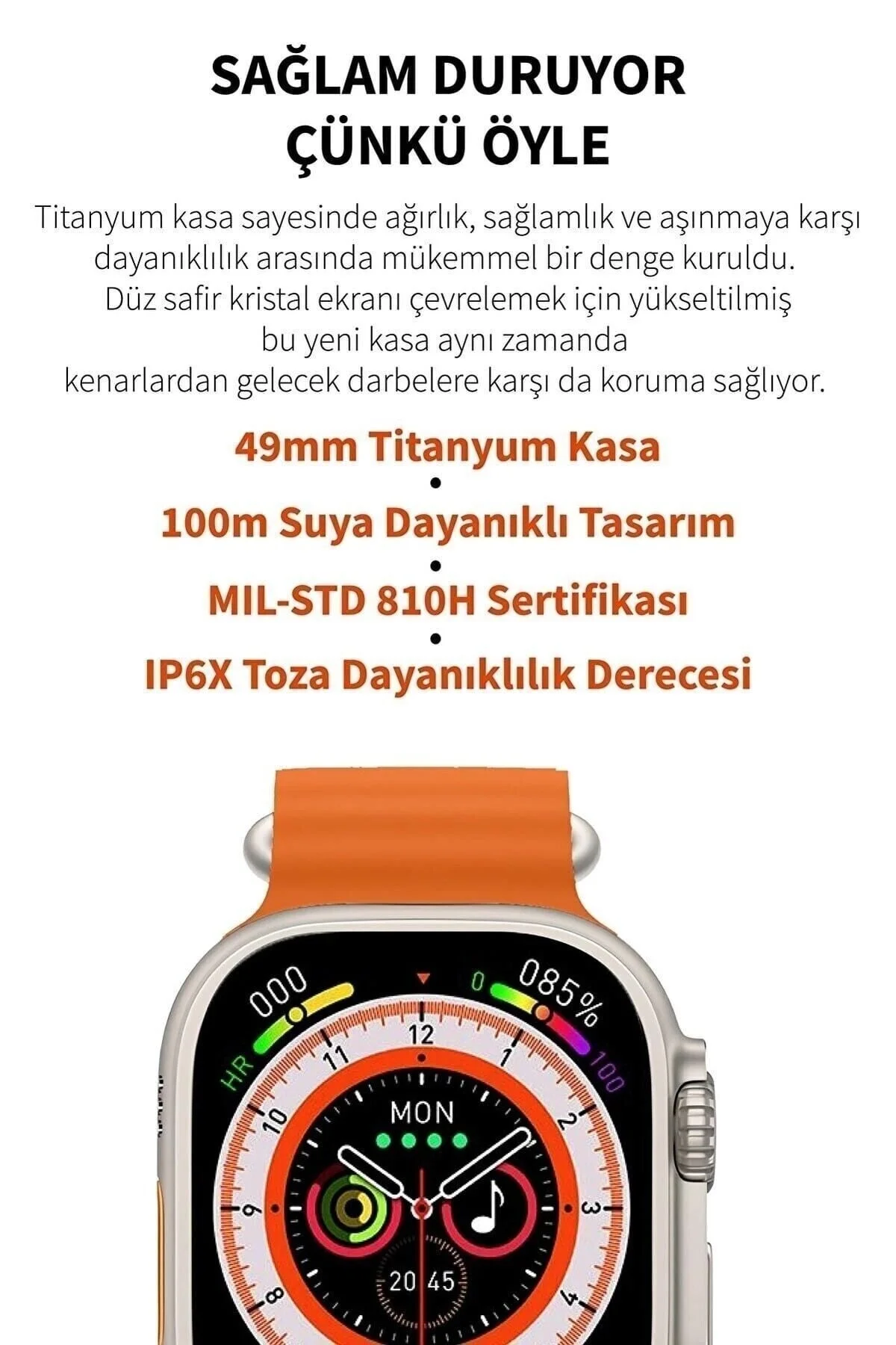 49mm Gümüş Kasa ve Turuncu Çelik Kordonlu Akıllı Saat - Nabız, GPS, Uyku Takibi Özellikli