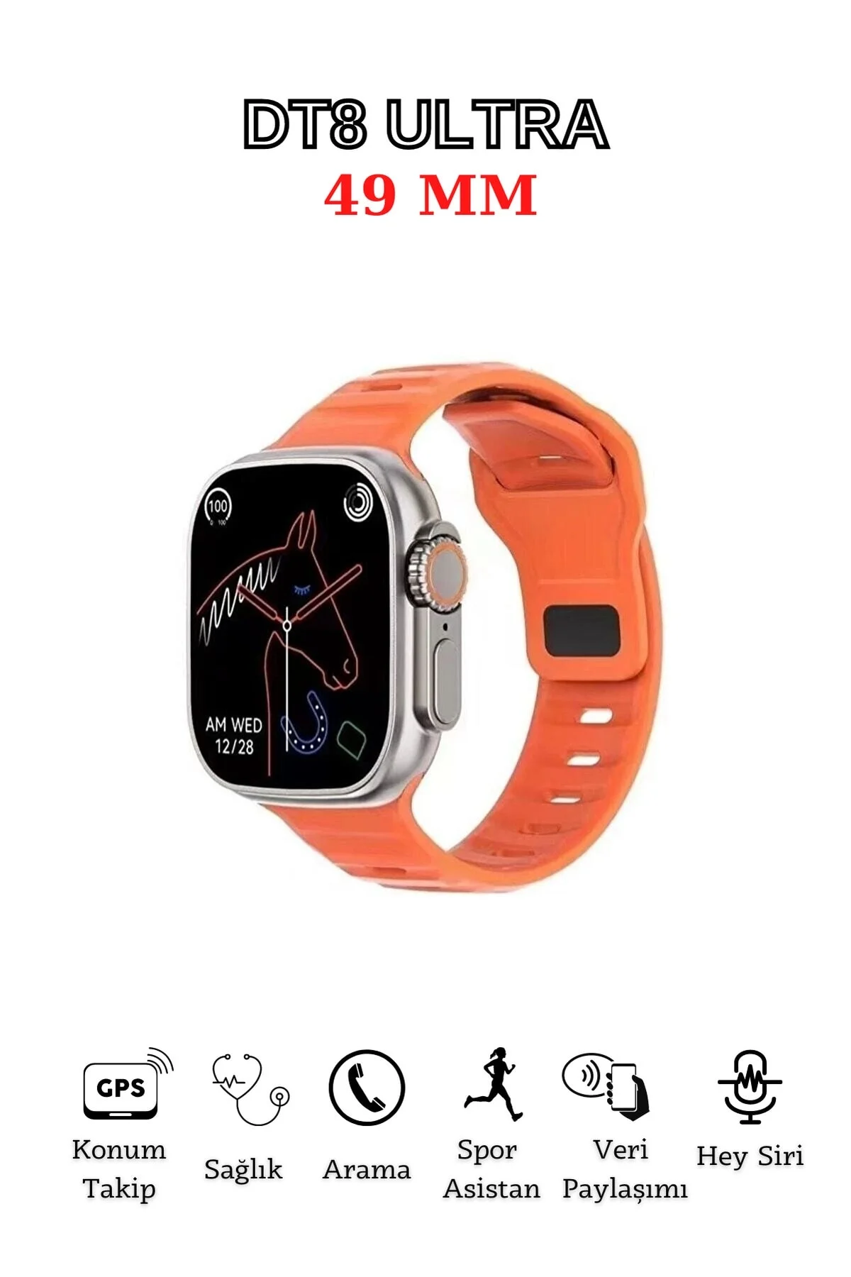 49mm Siyah Kasa ve Turuncu Silikon Kordonlu Akıllı Saat - GPS, Nabız ve Uyku Takibi Özellikli