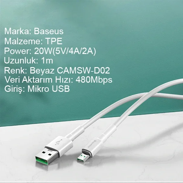 4A Hızlı Micro USB Şarj Kablosu – 20W VOOC Destekli 1 Metre Beyaz