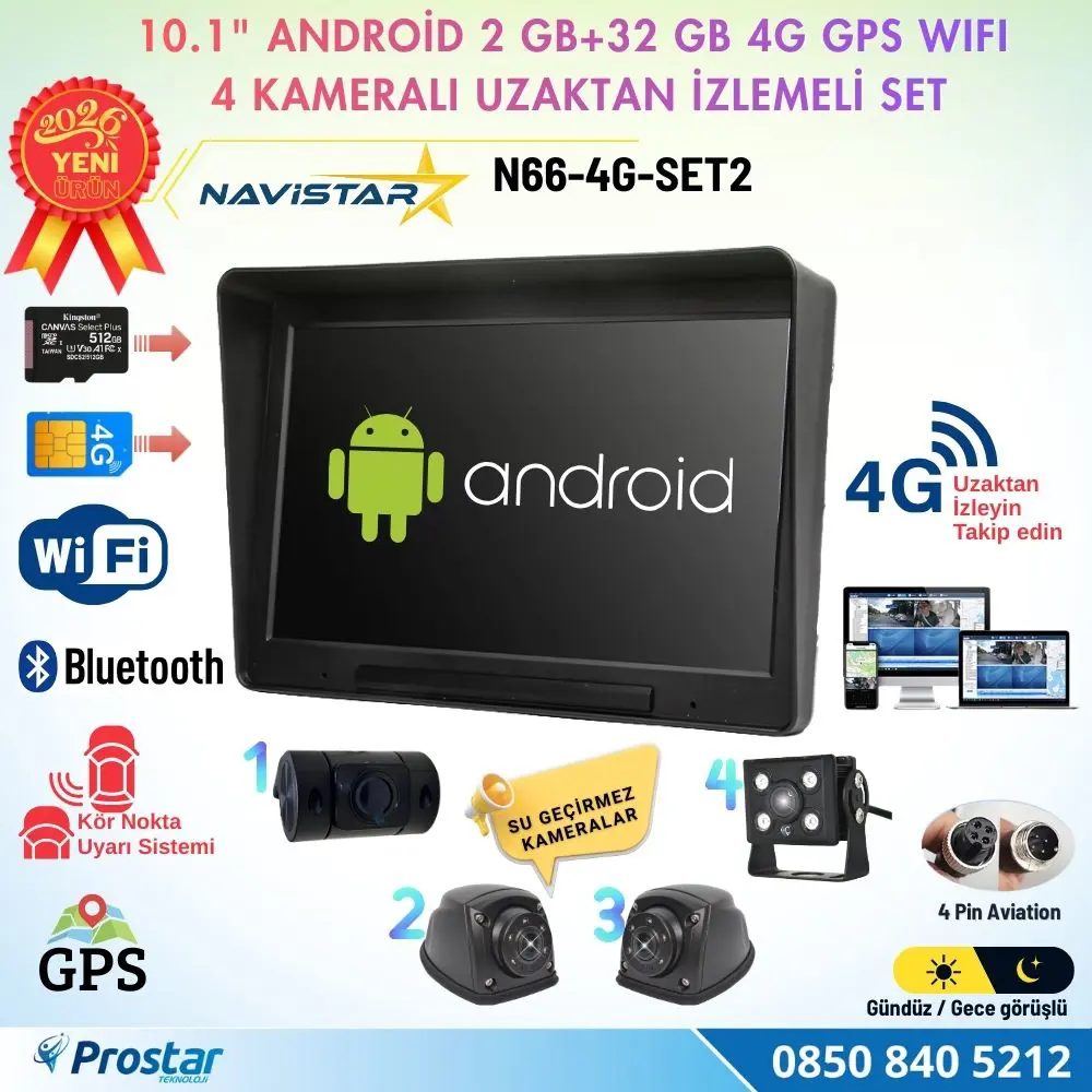 4G Uzaktan izlemeli 10 inç Android, 4 Kameralı, Wifi, GPS, Blueto