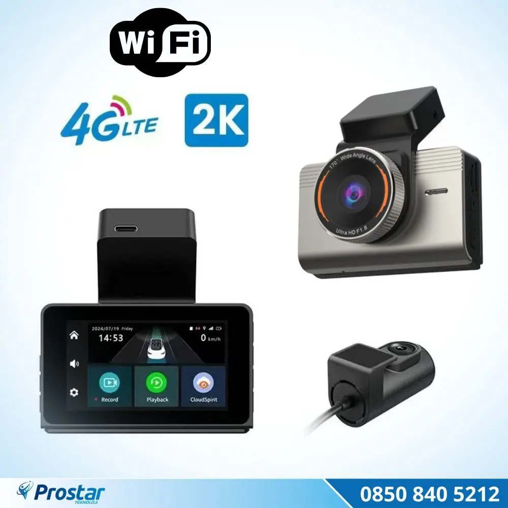 4G Uzaktan izlemeli 2 kameralı 2K+1080P Yüksek Çözünürlüklü Dashc