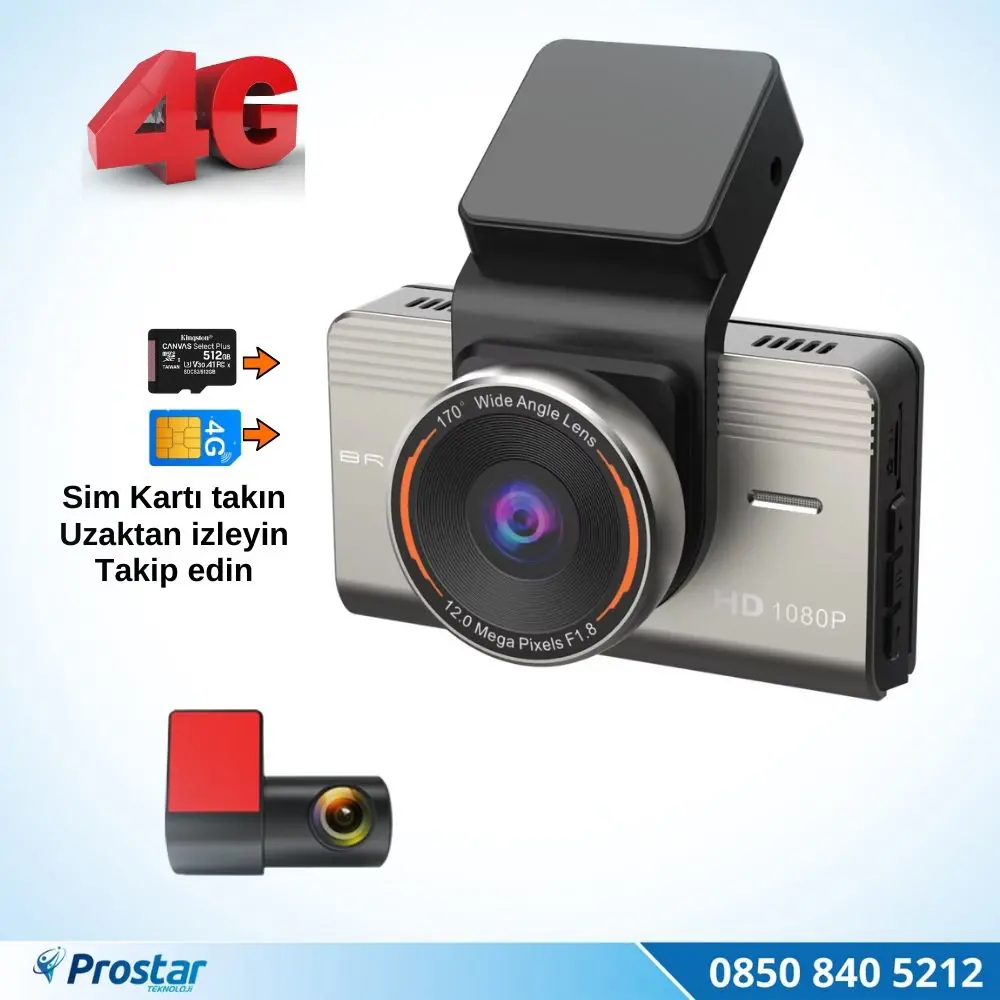 4G Uzaktan izlemeli 2 kameralı 2K+1080P Yüksek Çözünürlüklü Dashc