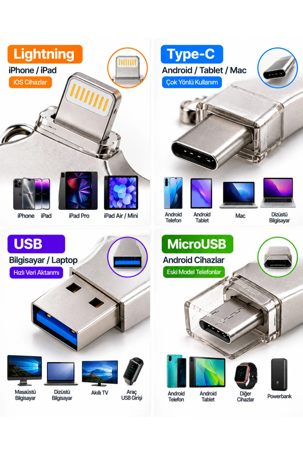 4In1 128Gb Flash Bellek Usb Type-C Lightning Microusb Çoklu Girişli Taşınabilir Usb Bellek - Görsel 2