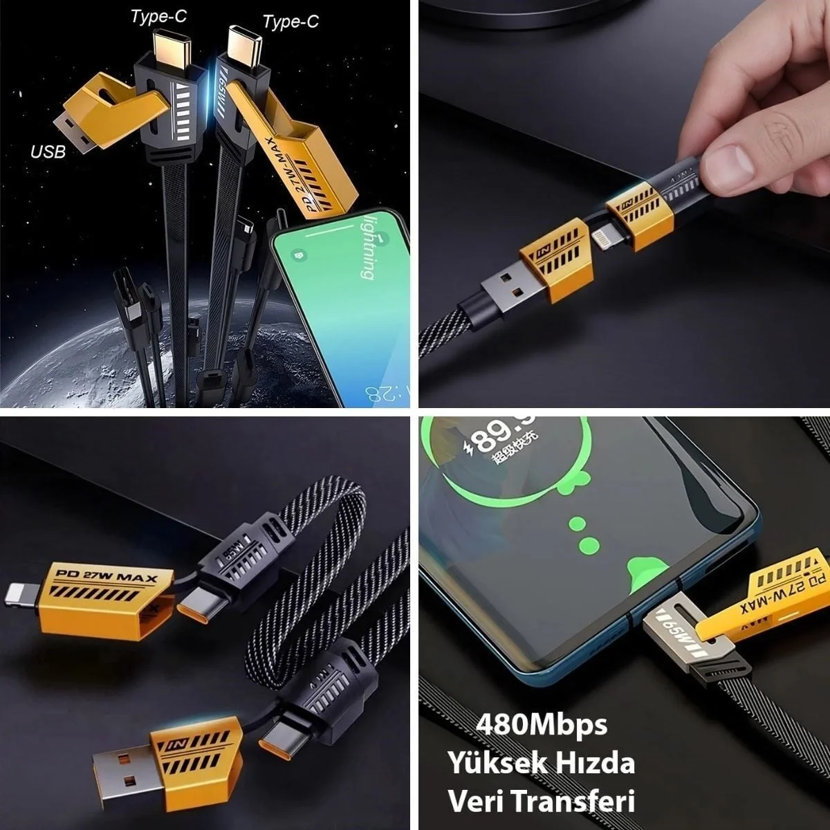 4in1 65W Hızlı Şarj Kablosu – Type-C to USB-A + Type-C to Lightning, 27W PD Destekli Çoklu Şarj Kablo 4in1 65W Hızlı Şarj Kablosu – Type-C to USB-A + Type-C to Lightning, 27W PD Destekli Çoklu Şarj Kablo