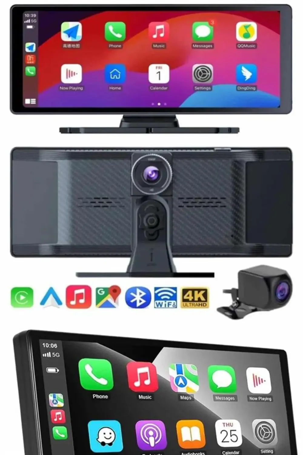 4K 10.2 İnç Çift Kameralı Araç Multimedya Ekranı CarPlay Kablosuz