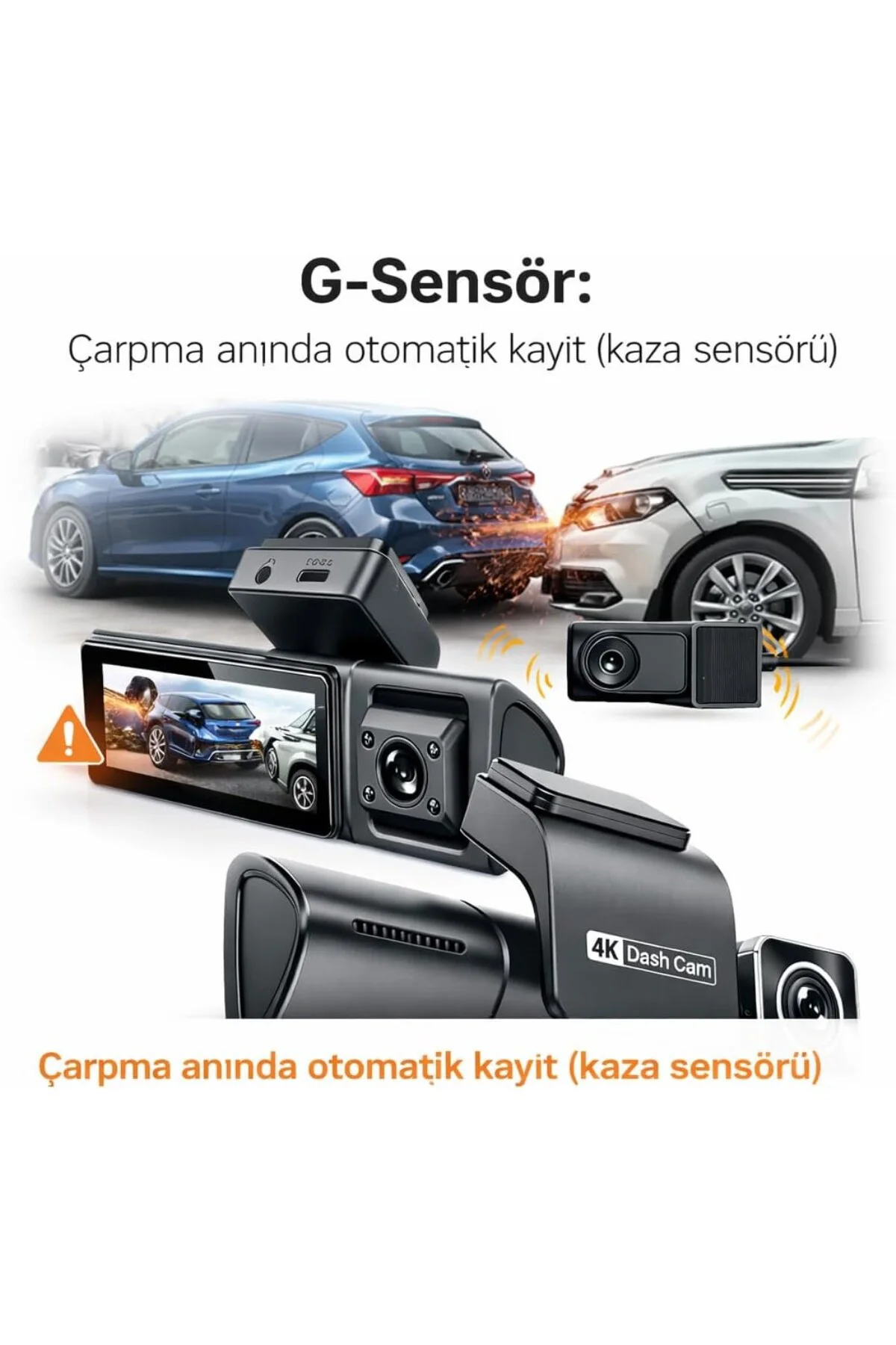 4K 3 Kameralı Araç Kamerası – Ön 4K, İç ve Arka 1080P, WiFi, G-Se