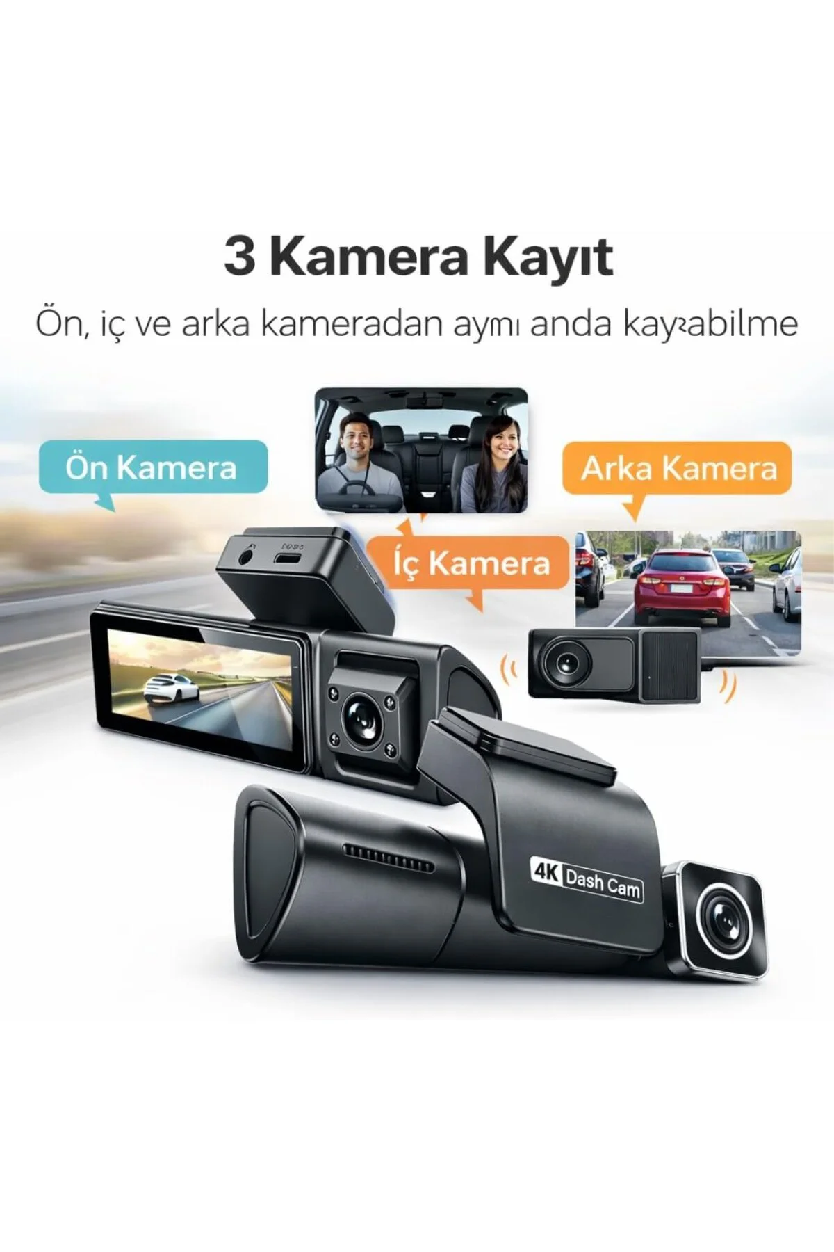 4K 3 Kameralı Araç Kamerası – Ön 4K, İç ve Arka 1080P, WiFi, G-Se