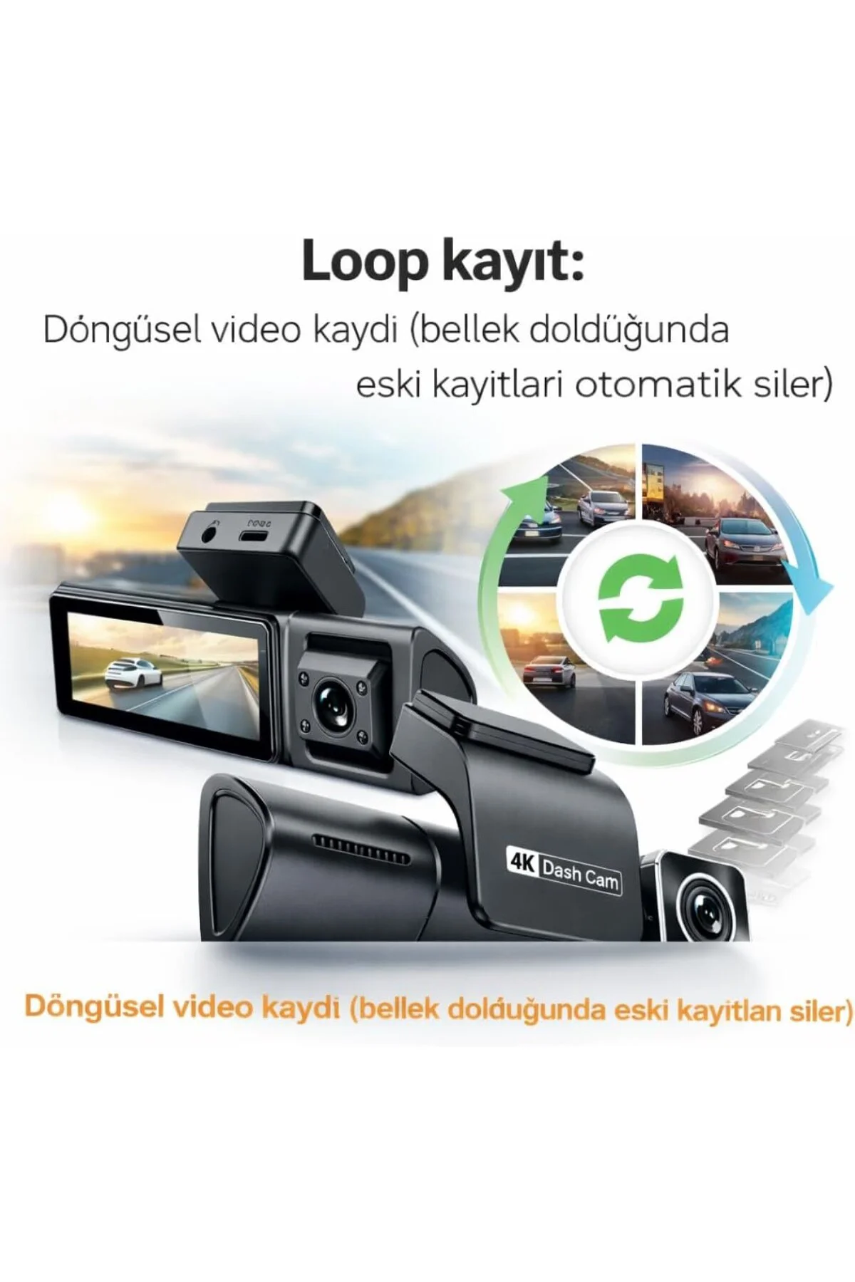4K 3 Kameralı Araç Kamerası – Ön 4K, İç ve Arka 1080P, WiFi, G-Se