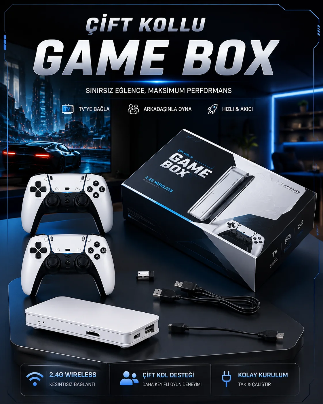 4K 3D HD Görüntü Kaliteli Kablosuz Çift Kollu 20.000 Oyunlu Retro Oyun Konsolu TV Box