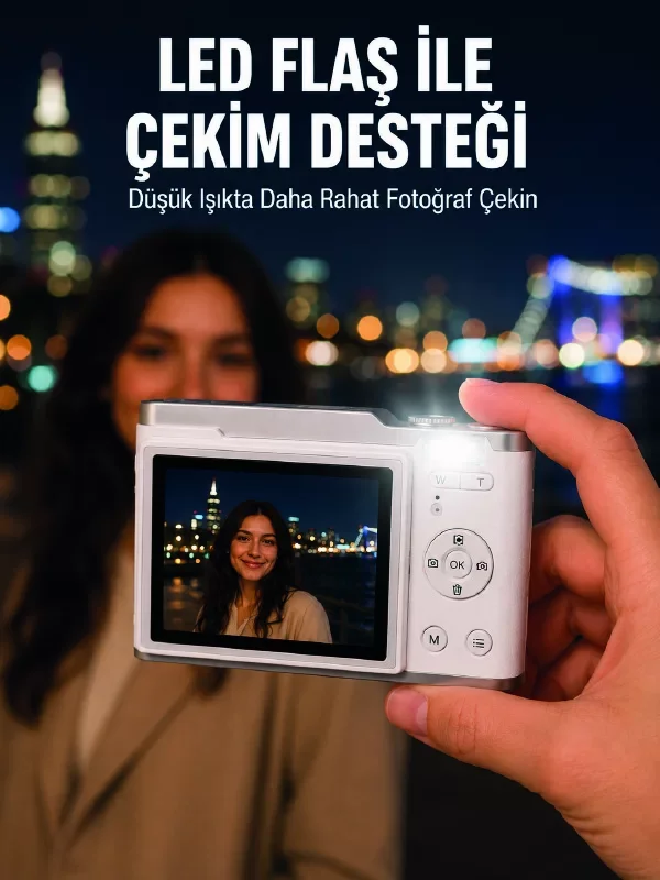4K 48 MP Beyaz Dijital Fotoğraf Makinesi - Otomatik Odaklama ve 18x Zoomlu