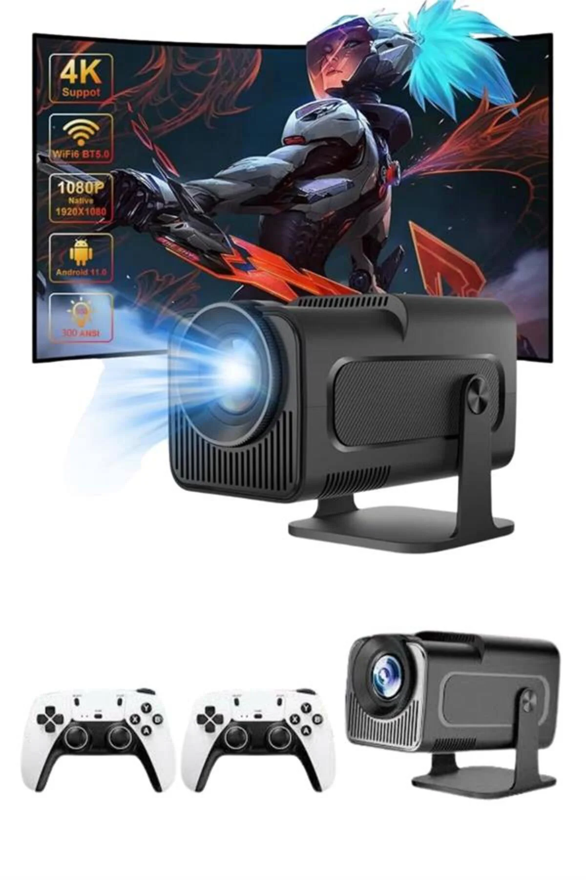 4K Android Smart Wi-fi Çift Kollu Projeksiyon Game Box Kumandalı 