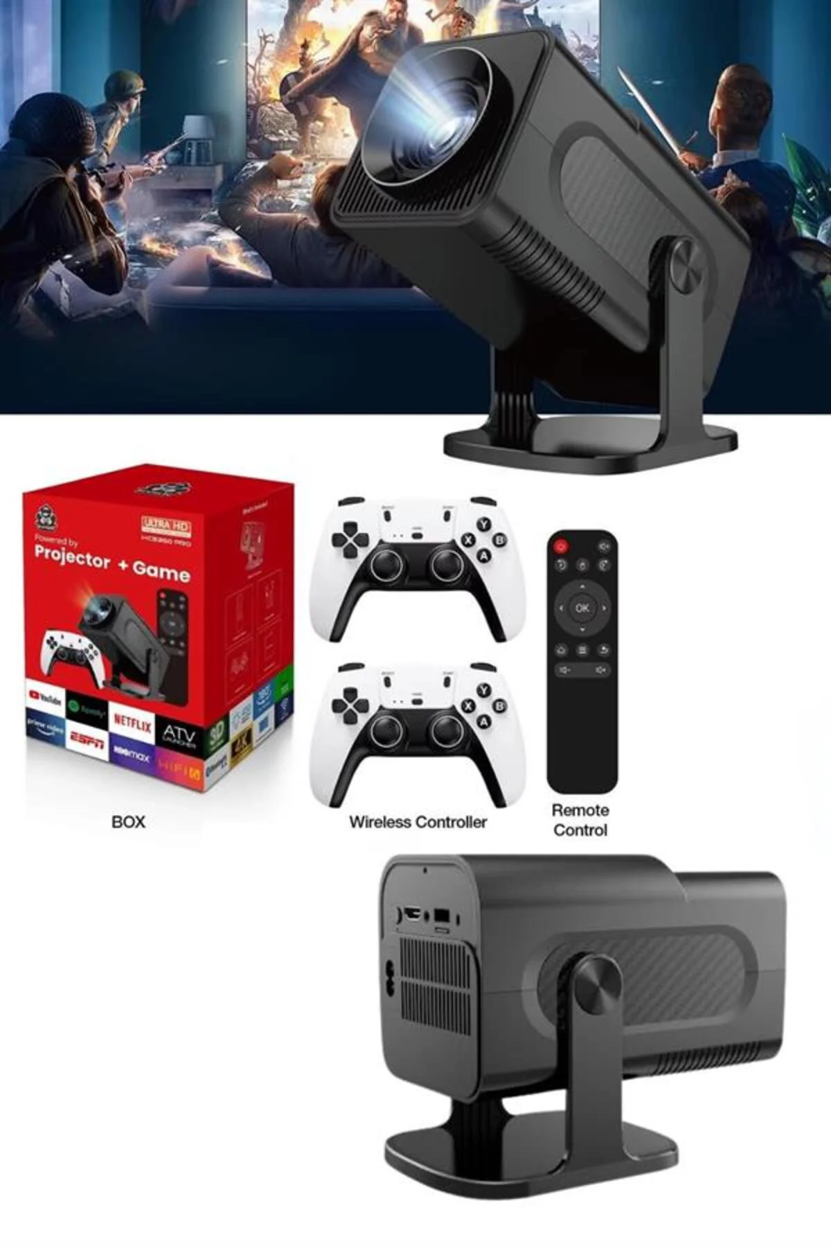 4K Android Smart Wi-fi Çift Kollu Projeksiyon Game Box Kumandalı 