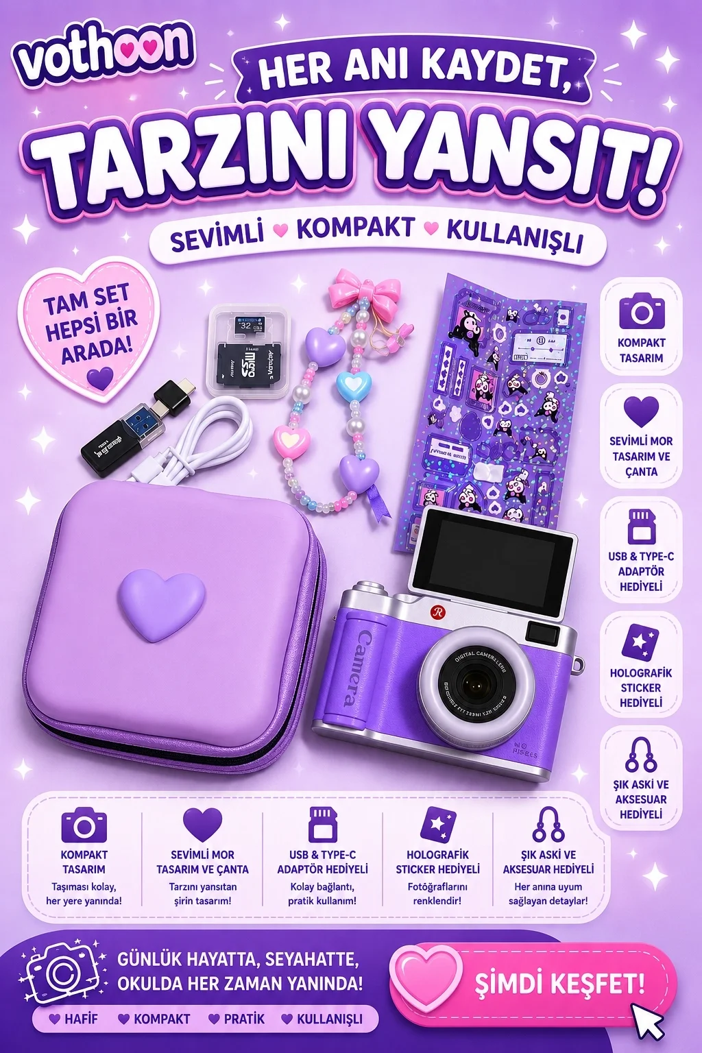 4k Çantalı Dijital Retro Video Kamera 48mp 16x Zoom Işıklı (32gb) Kart Dijital Fotoğraf Makinesi Mor
