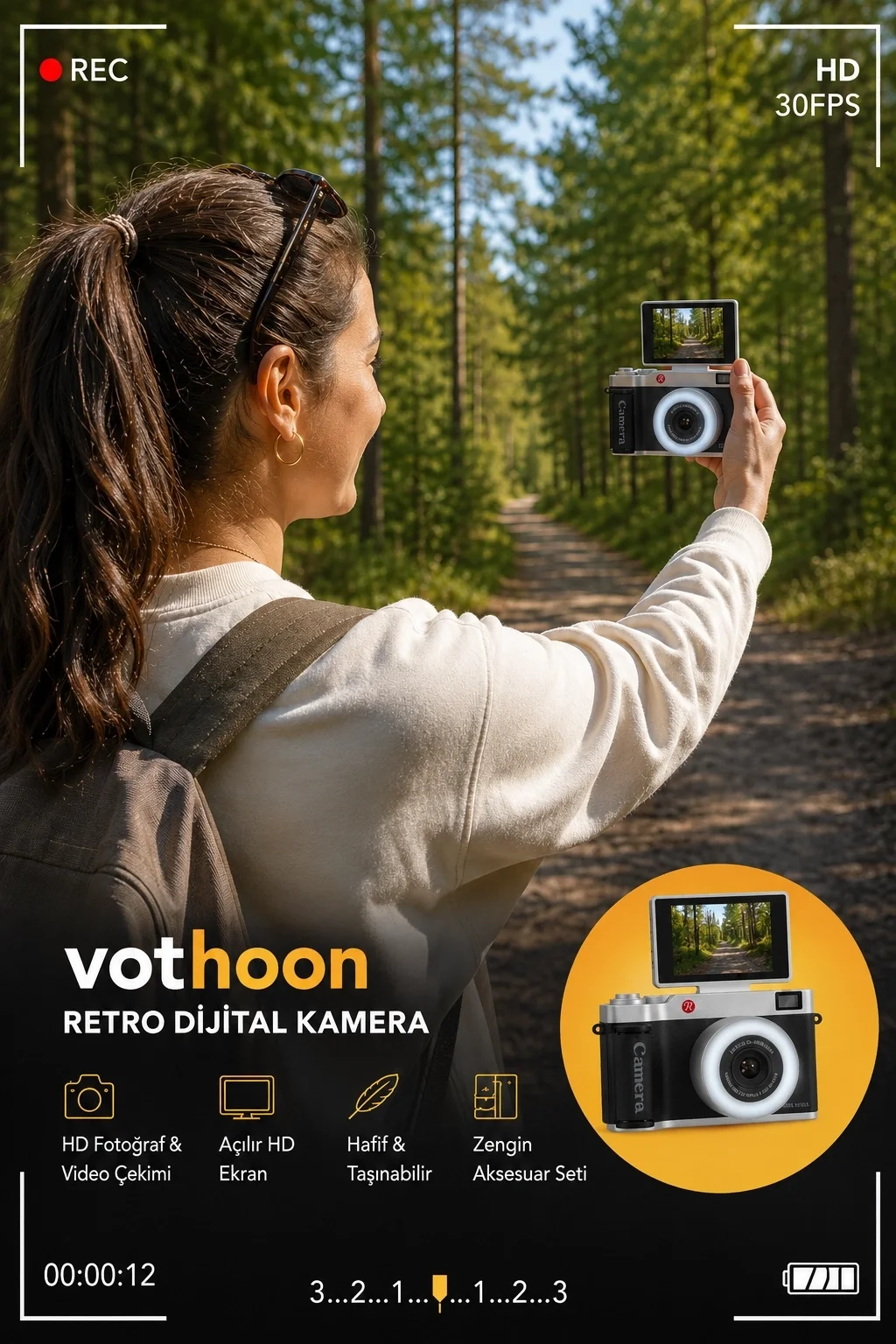 4k Çantalı Dijital Retro Video Kamera 48mp 16x Zoom Işıklı (32gb) Kart Dijital Fotoğraf Makinesi Mavi