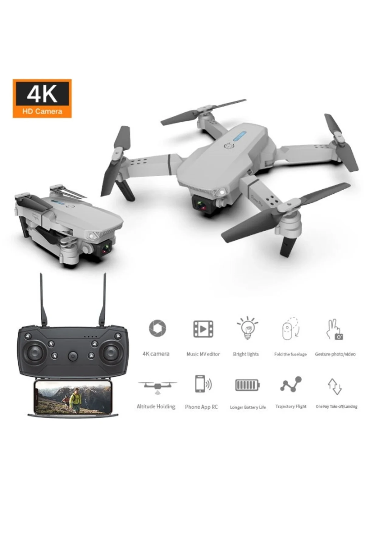 4K Çift Kameralı Katlanabilir Drone, WiFi Kontrol ve Uzaktan Kumanda ile Kullanım