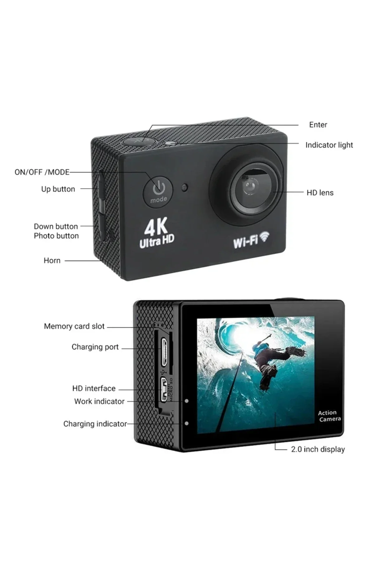 4K çözünürlüklü su geçirmez aksiyon kamerası kumandalı siyah wireless fotoğraf çekimi