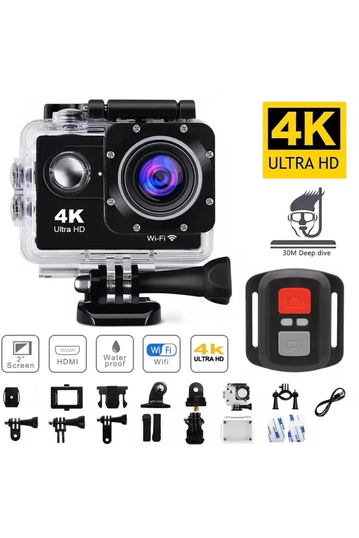4K çözünürlüklü su geçirmez aksiyon kamerası kumandalı siyah wireless fotoğraf çekimi