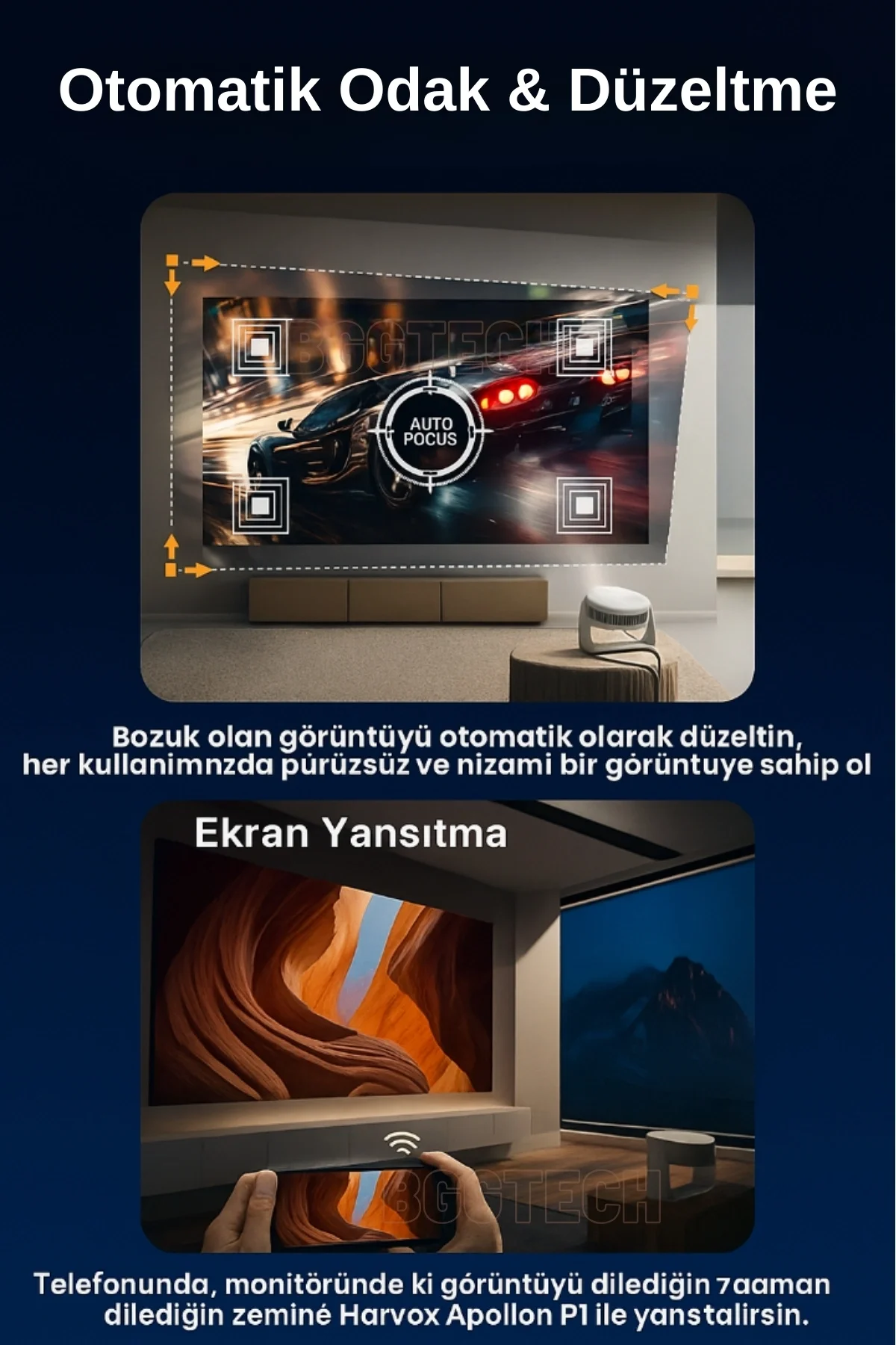 4K Destekli 1080P Çözünürlüklü Android Projeksiyon Cihazı, Taşınabilir ve Kablosuz Bağlantılı
