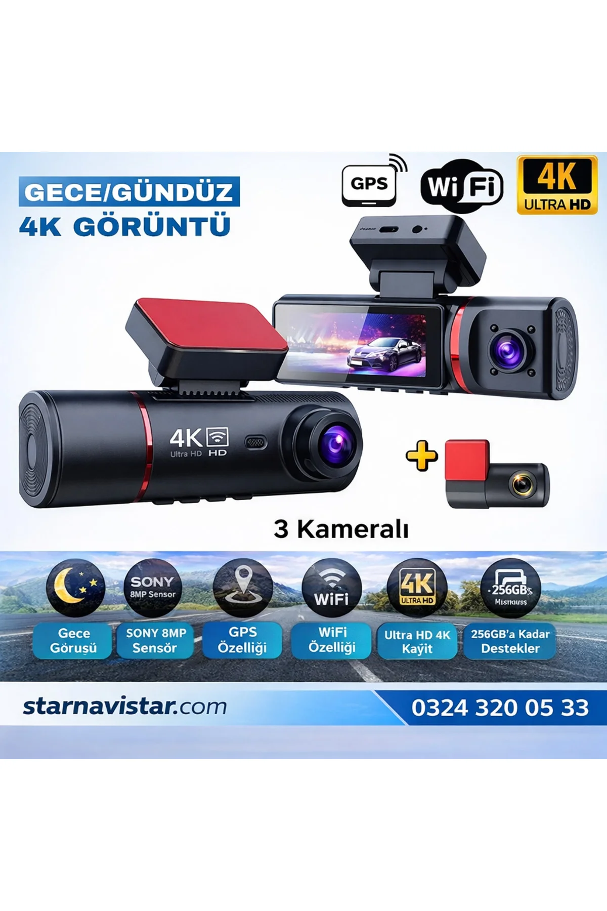 4K Ultra HD 3 Kameralı Ön, iç ve Arka Wifi GPS G-Sensör Park Modu Dashcam Kamera