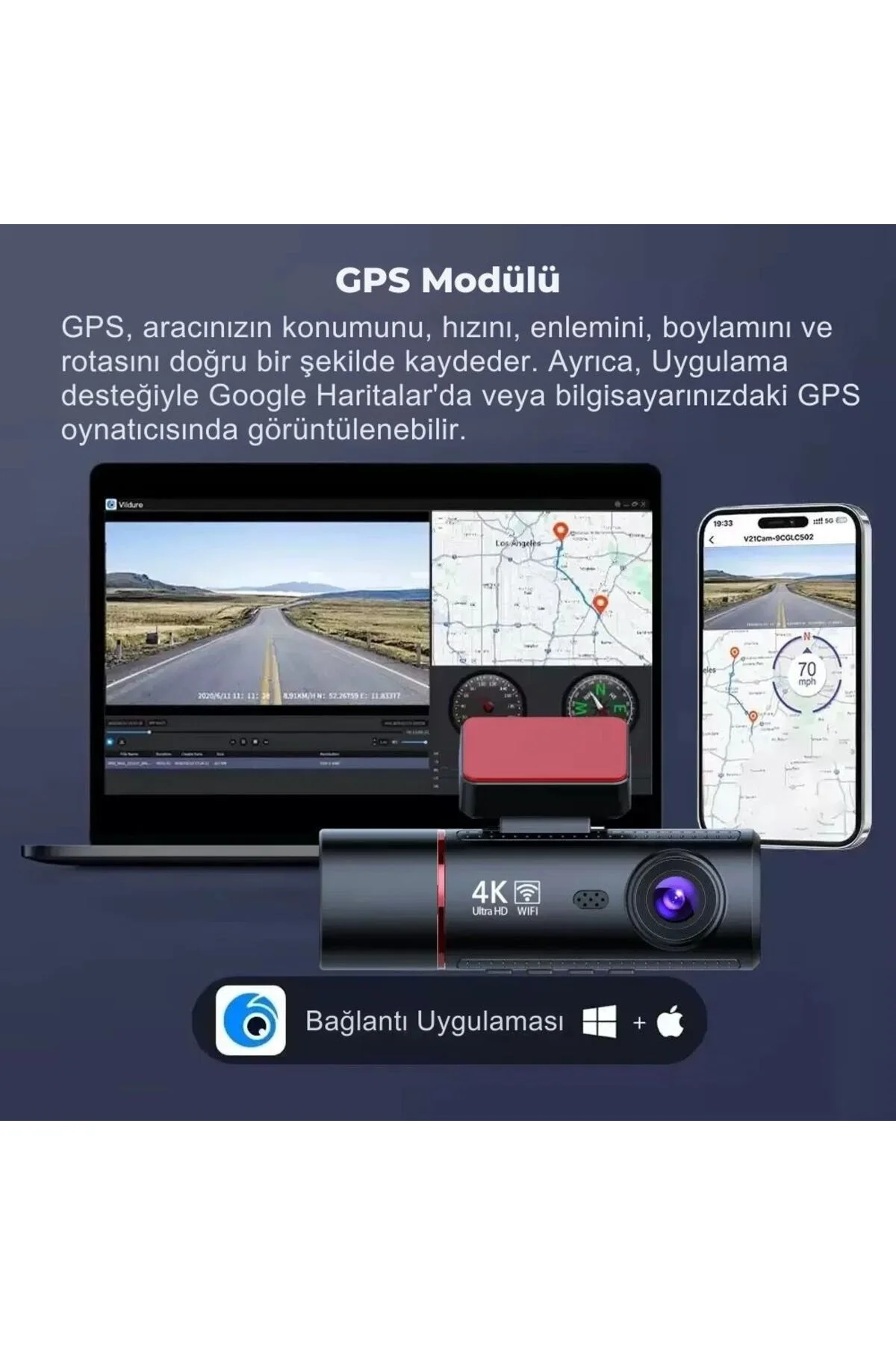 4K Ultra HD 3 Kameralı Ön, iç ve Arka Wifi GPS G-Sensör Park Modu Dashcam Kamera