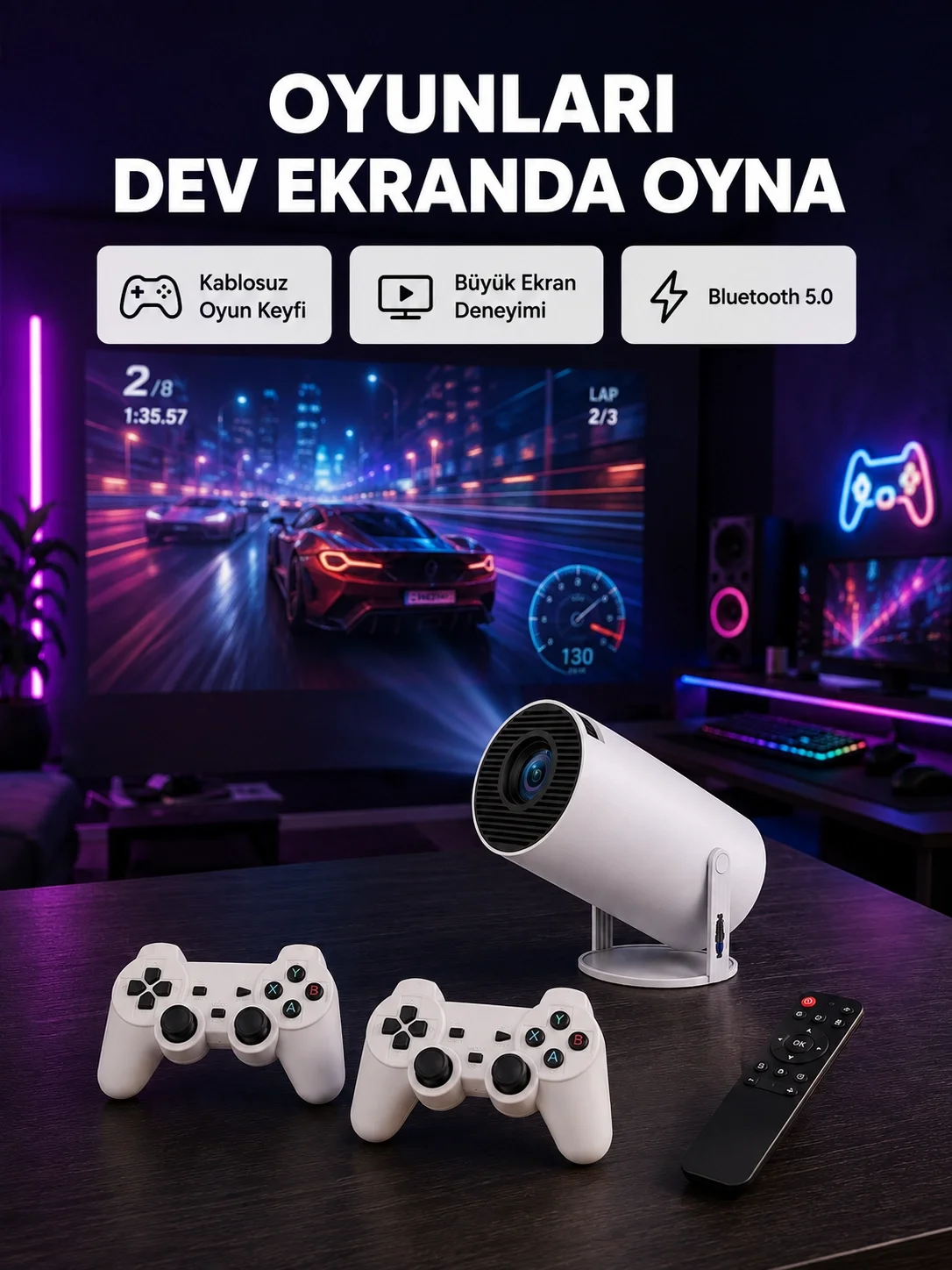 4K Wi-Fi 6 Projeksiyon Cihazı – 10.000+ Oyun Desteği, Kablosuz Bağlantı ve Çoklu Giriş Portları Yeni Nesil