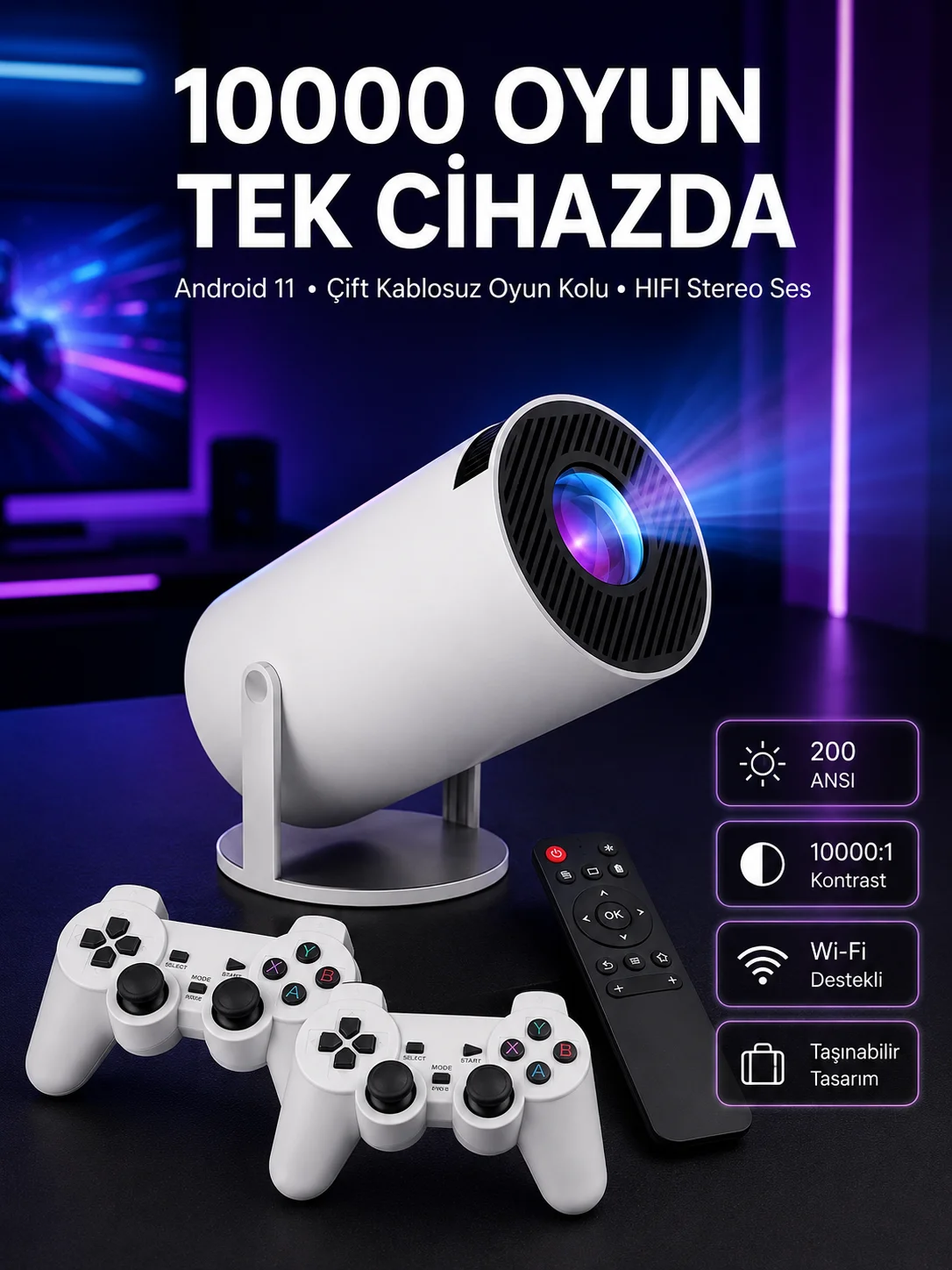 4K Wireless Çift Kollu Kumandalı Oyun Projeksiyonu Retro Video Oyunu Yeni Nesil