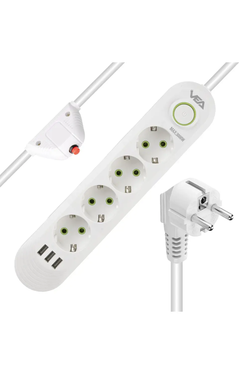 4Lü 1.5 Metre Kablo Lu 3 USB Girişli Beyaz Akım Korumalı Priz AXE