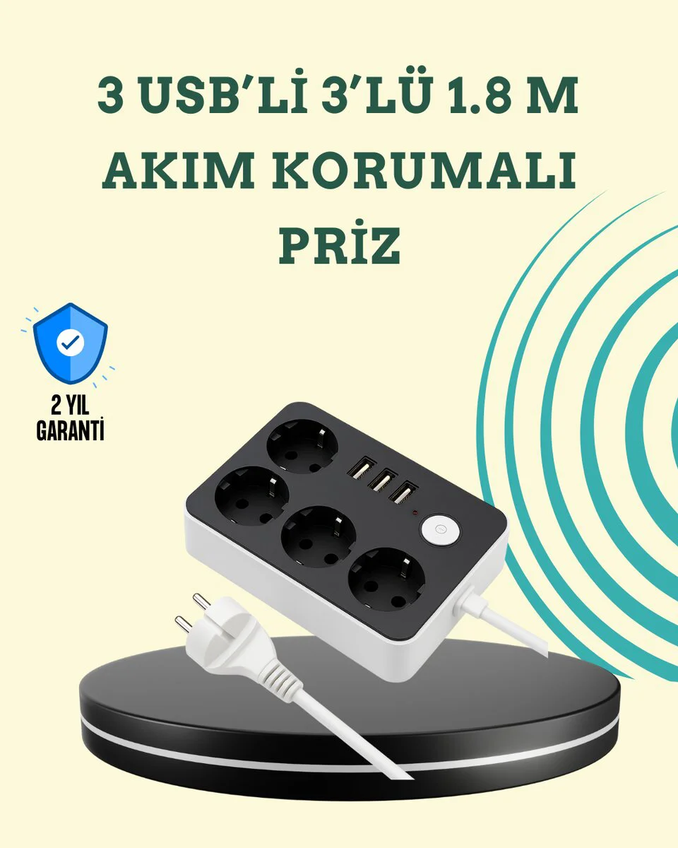 4'lü Akıllı Priz - 3 USB Portlu, 2500W, 4.1A Hızlı Şarj