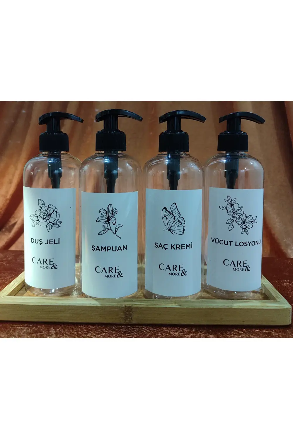 4'lü Amber Banyo Seti Şampuan Duş Jeli Saç Kremi Vücut Losyonu Et