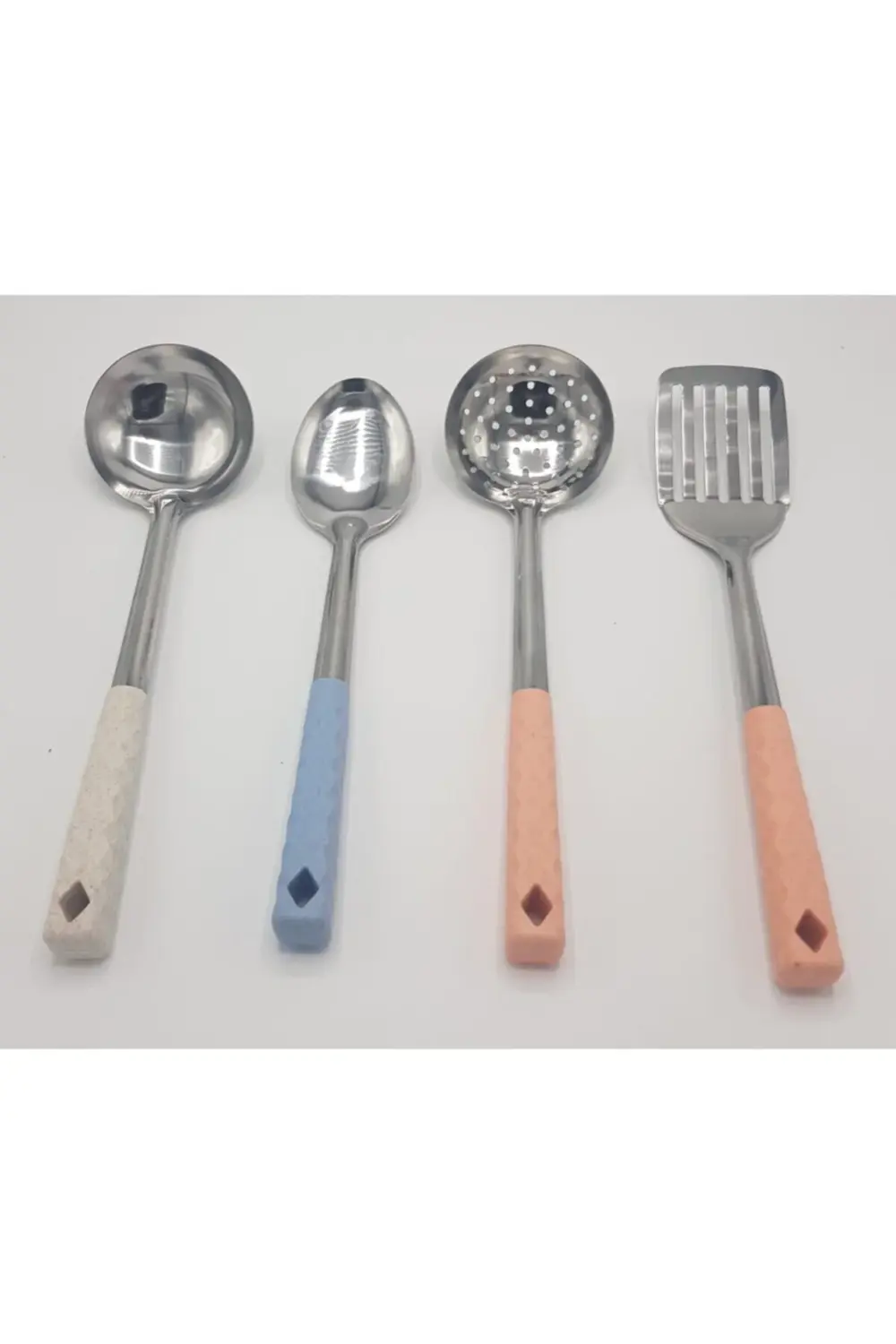 4'lü Çelik Kepçe Seti Kepçe Kevgir Kaşık Spatula 35cm Renkli Sapl