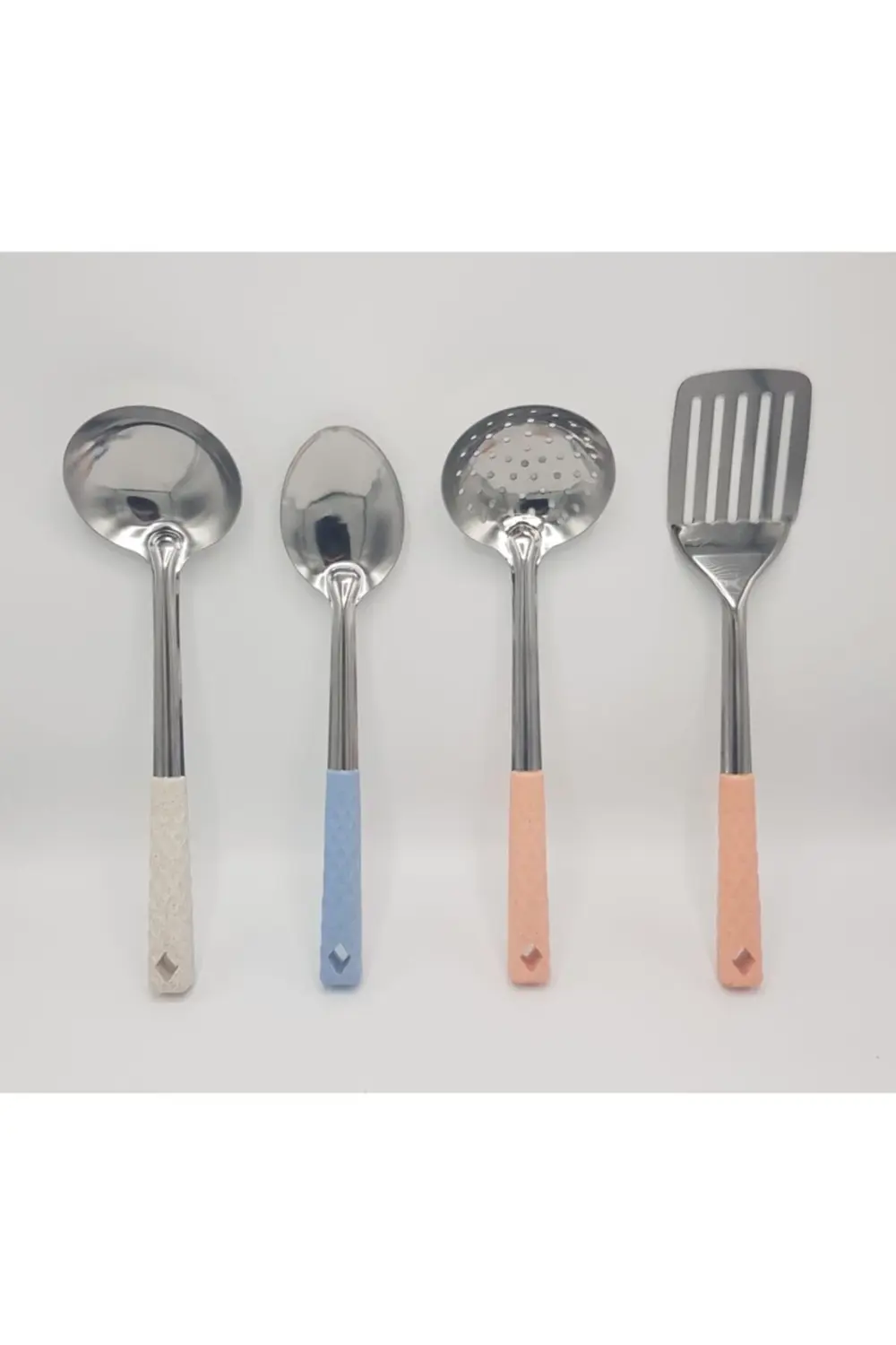 4'lü Çelik Kepçe Seti Kepçe Kevgir Kaşık Spatula 35cm Renkli Sapl