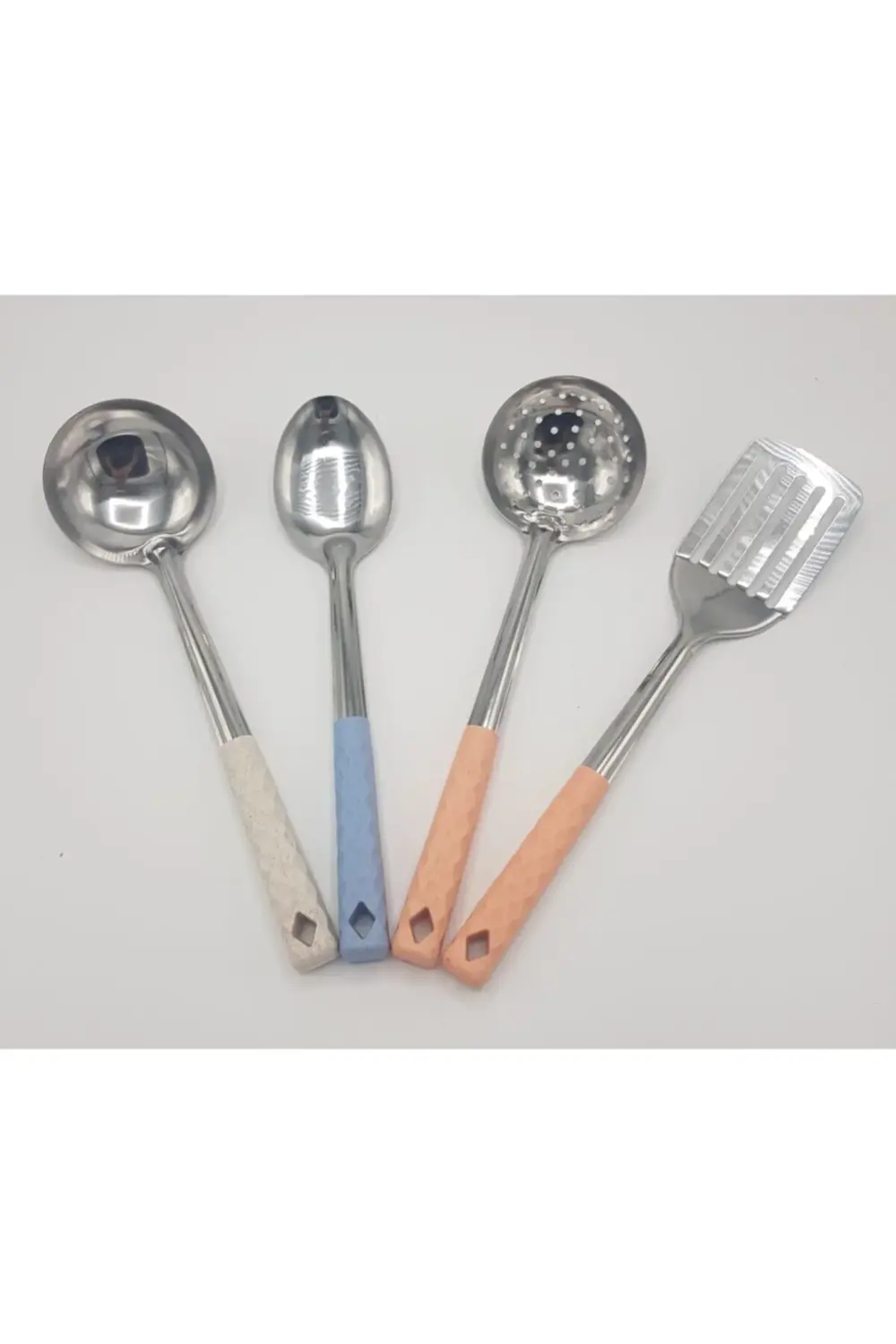 4'lü Çelik Kepçe Seti Kepçe Kevgir Kaşık Spatula 35cm Renkli Sapl