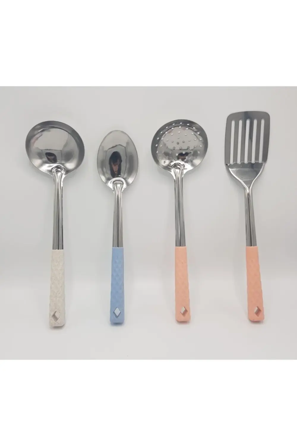 4'lü Çelik Kepçe Seti Kepçe Kevgir Kaşık Spatula 35cm Renkli Sapl